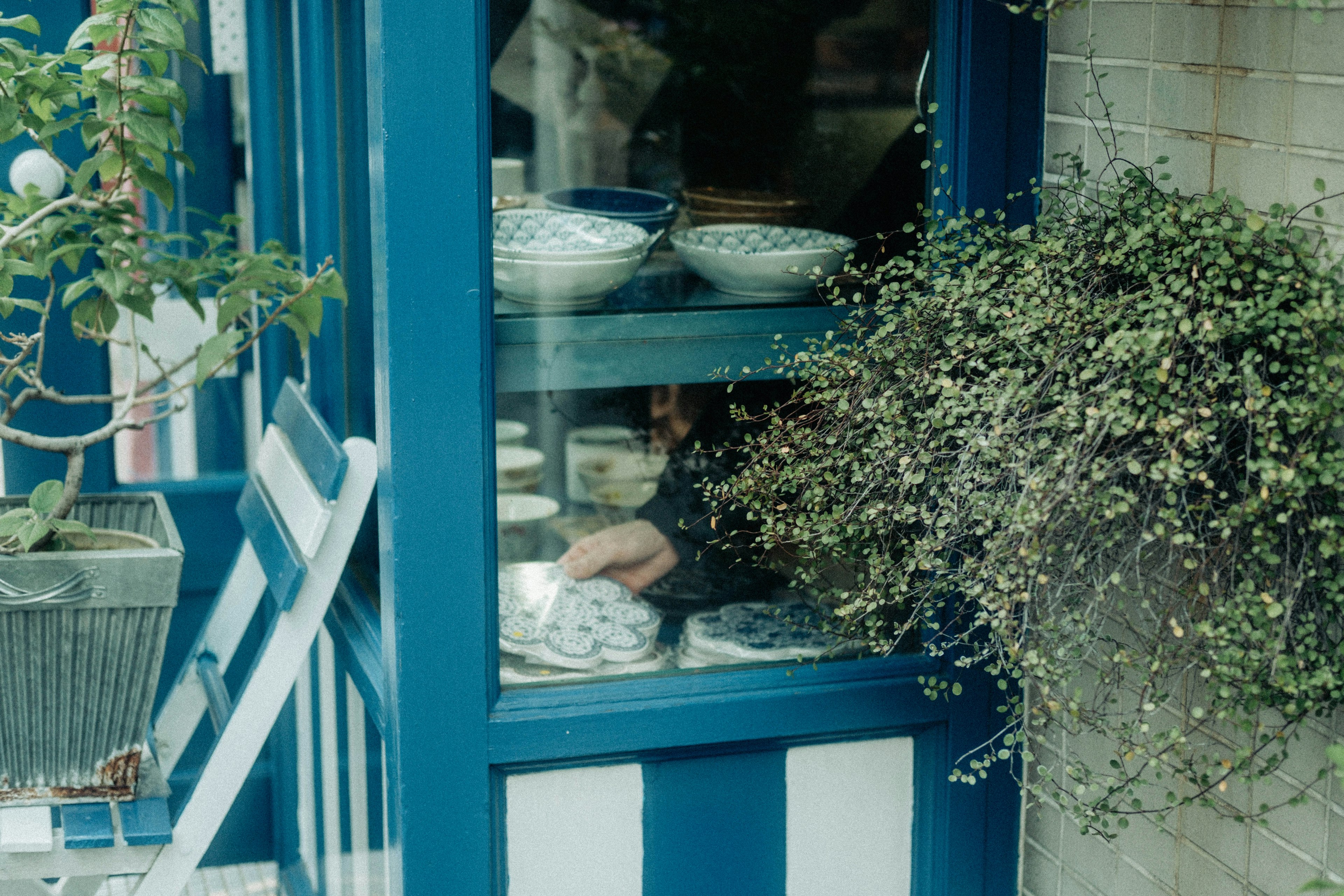 View of pottery displayed in a blue-framed window with greenery