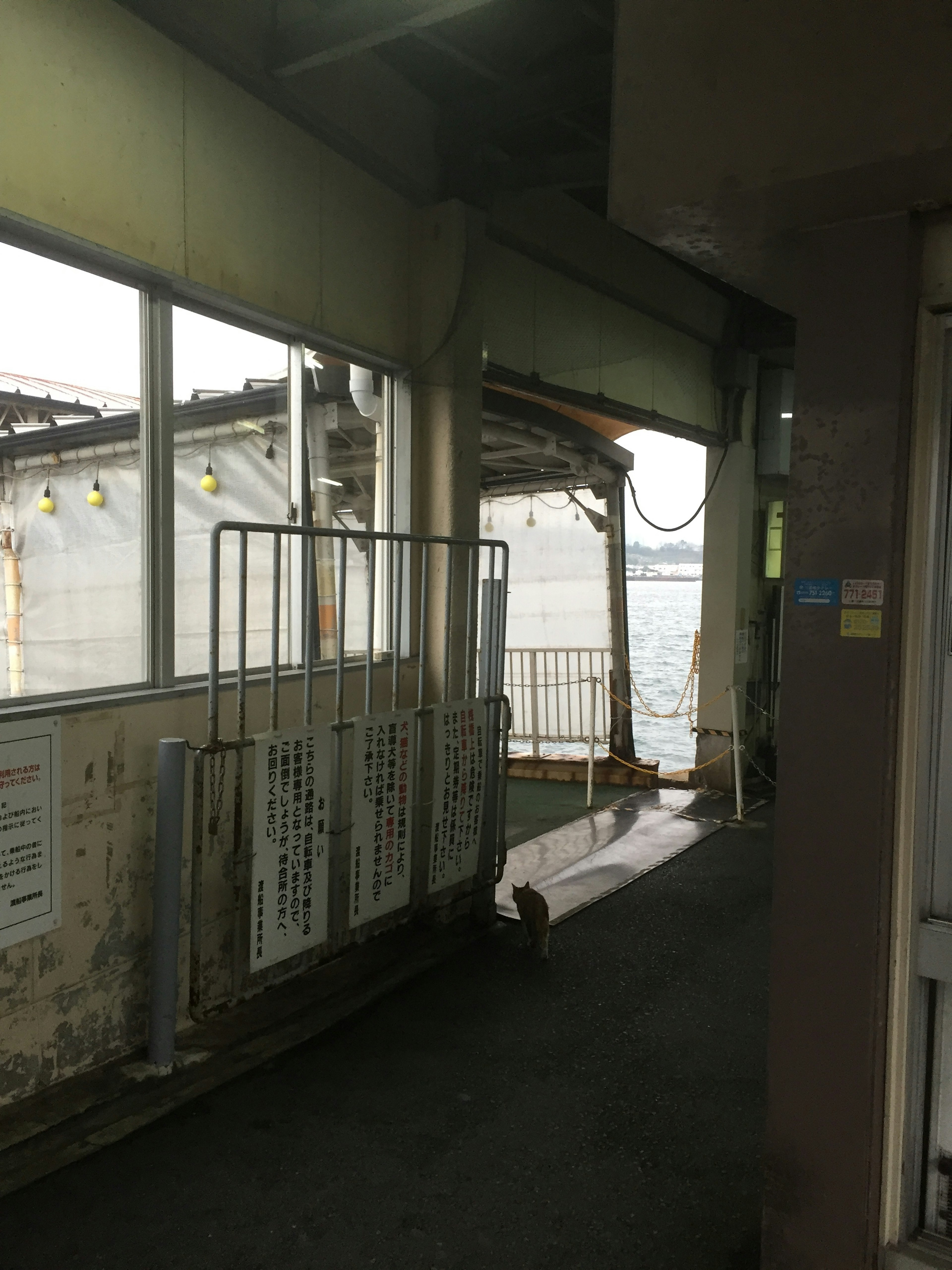 Old waterfront corridor with windows and metal fences