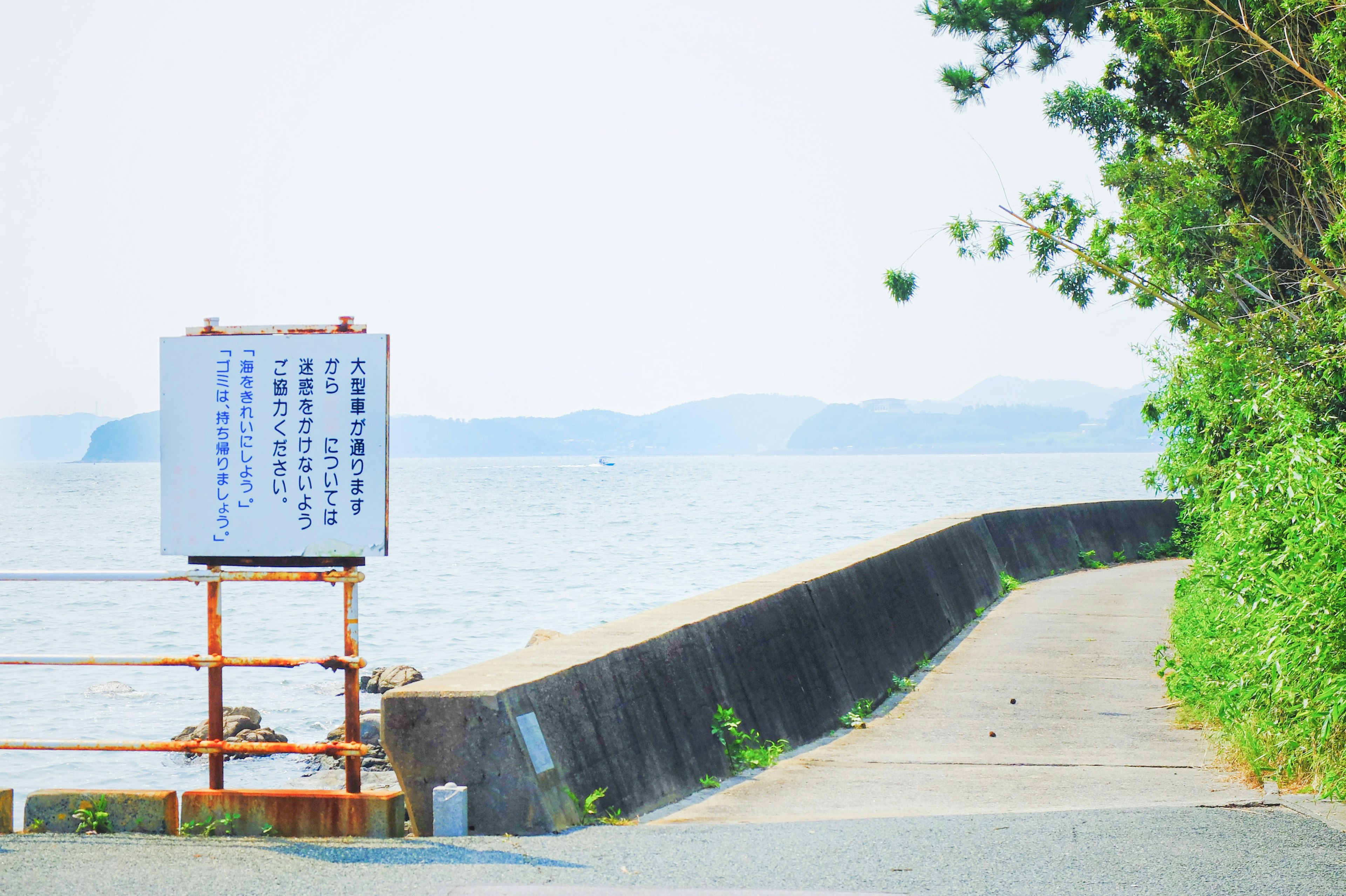 海に向かう道と看板のある風景