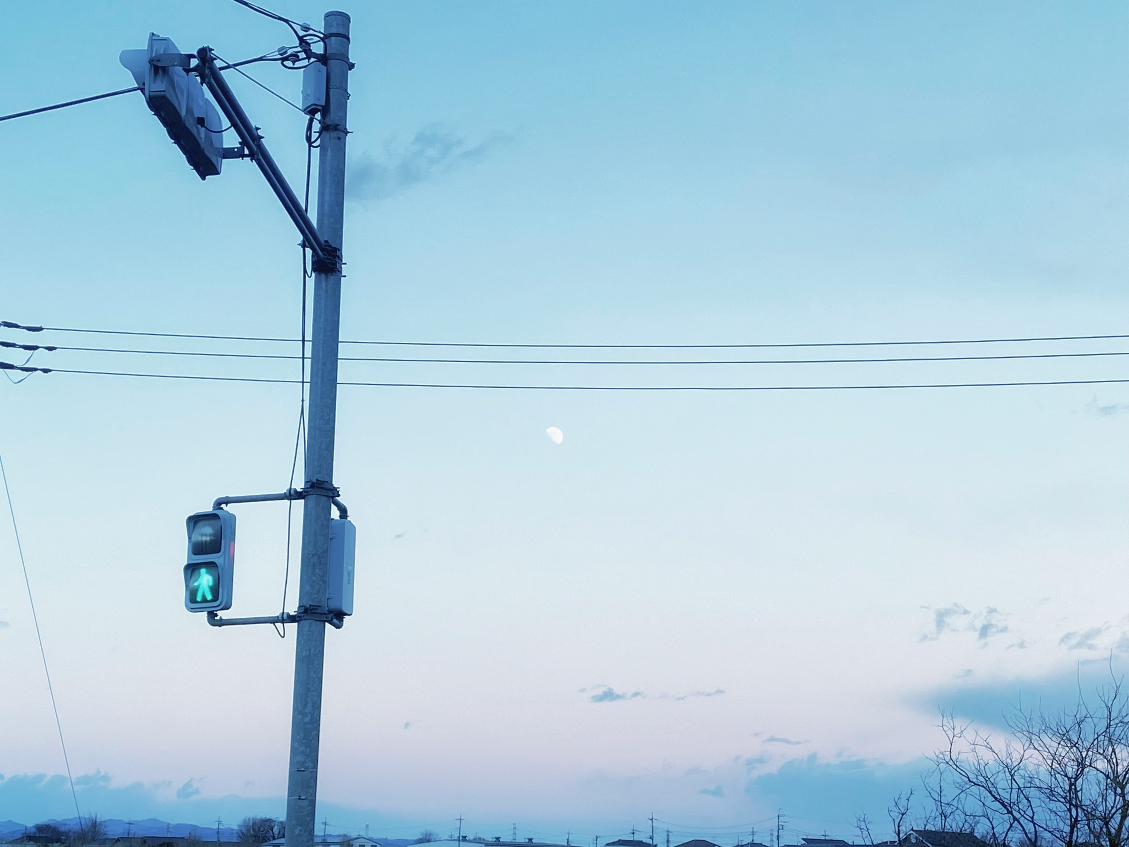 Signal de circulation devant un ciel bleu avec une lune visible