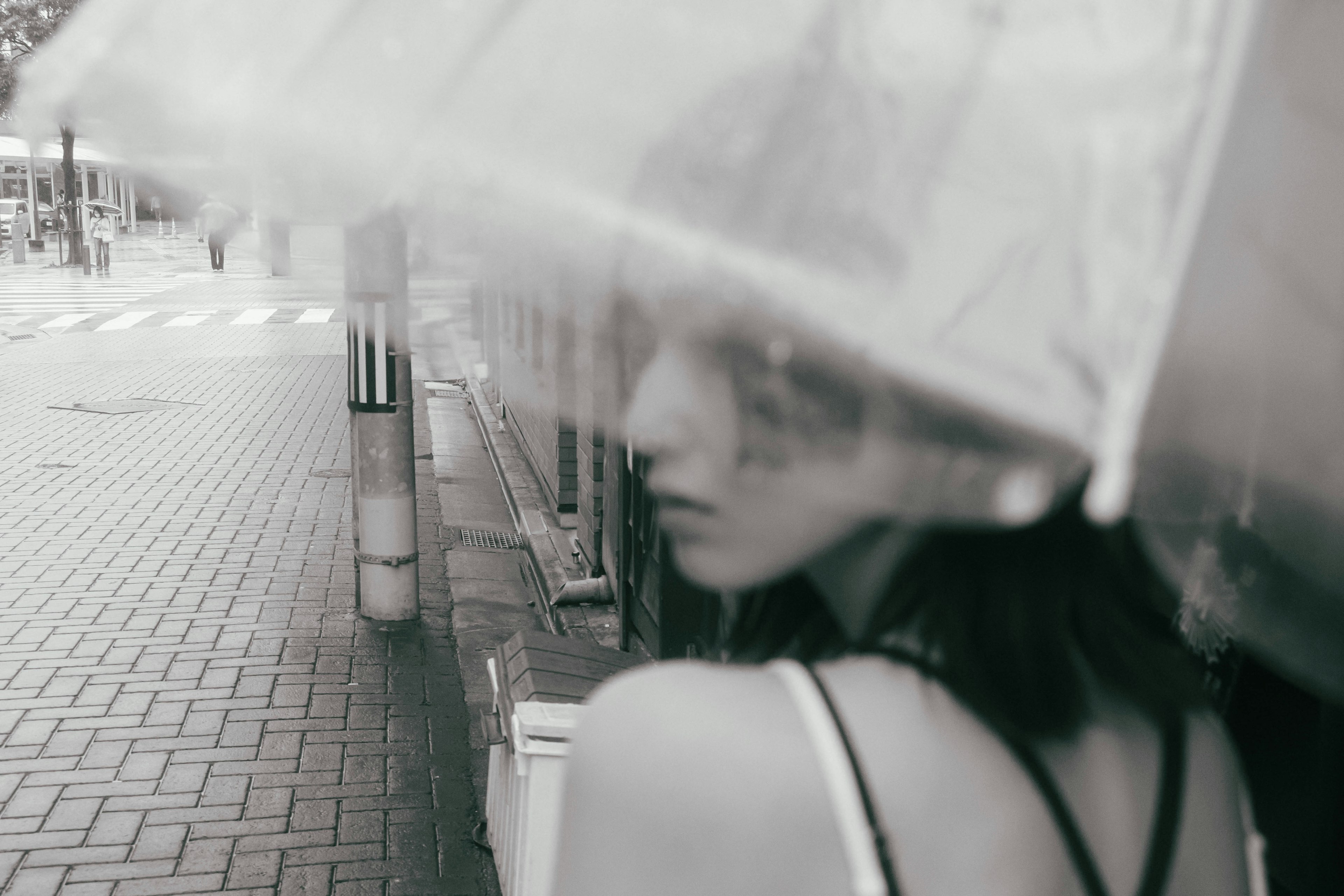 雨の中で傘を持つ女性の後ろ姿 透明な傘でぼやけた背景