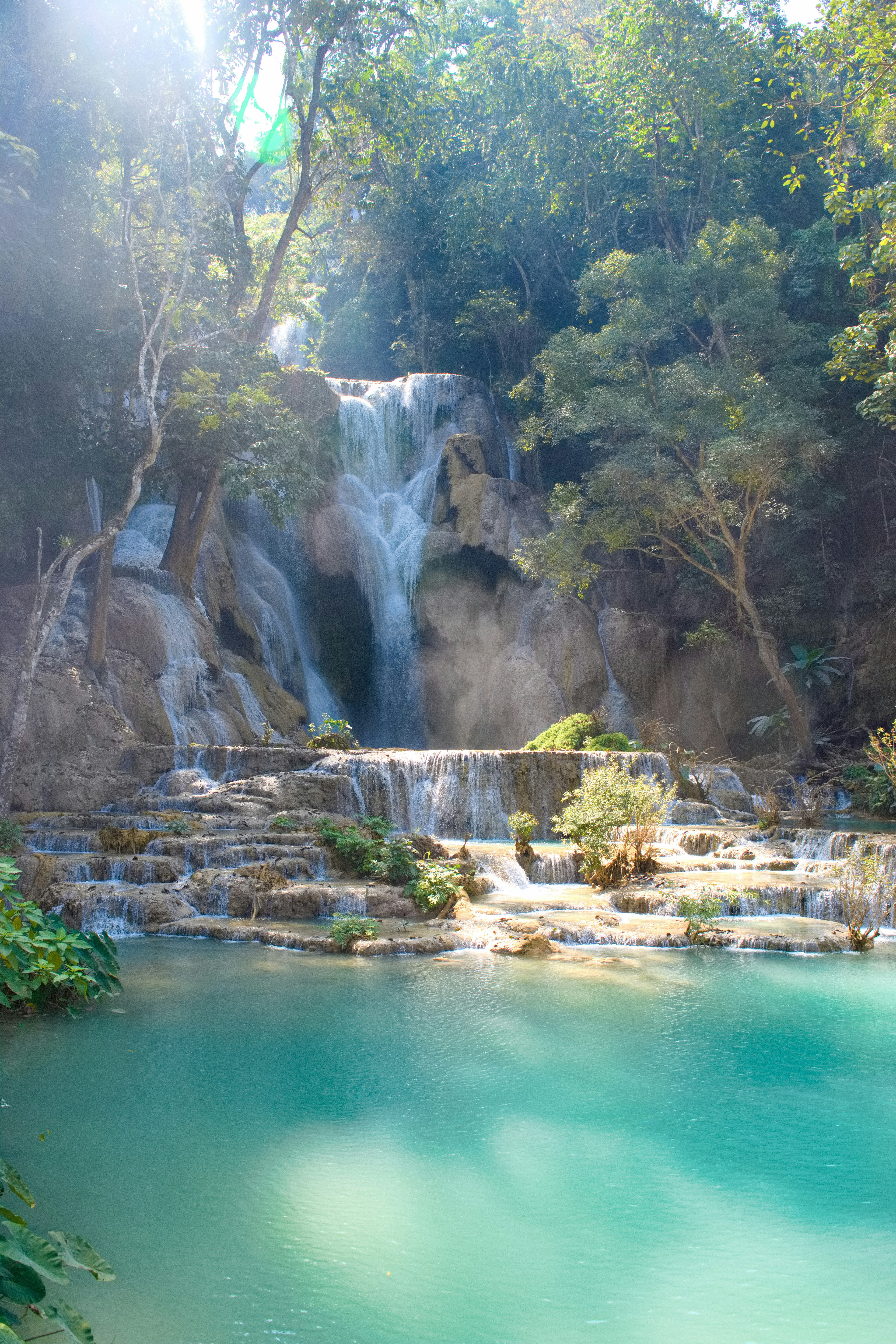 Bella cascata circondata da una vegetazione lussureggiante e una piscina smeraldo