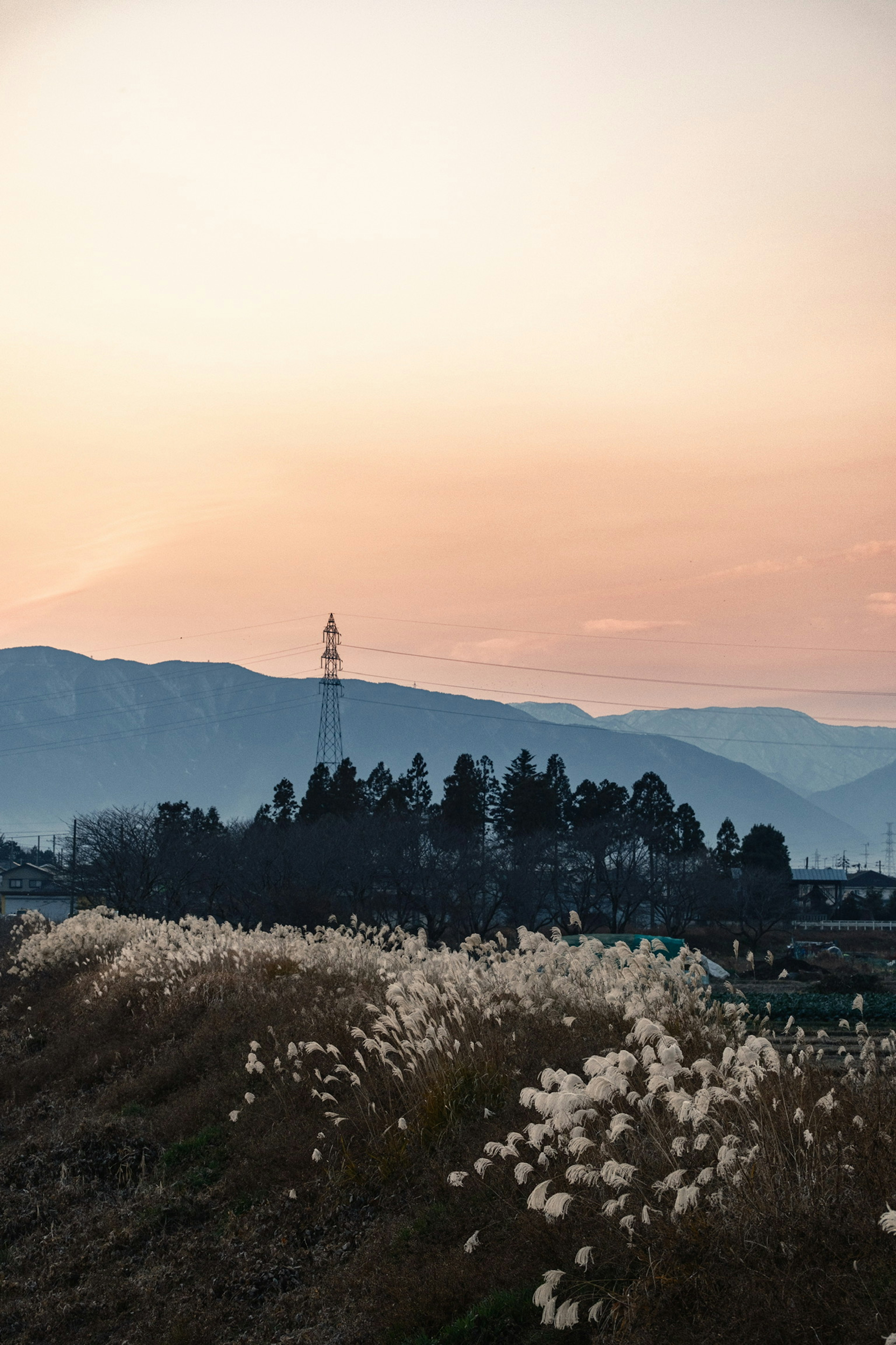 夕焼けの空と草原の風景にある山のシルエット