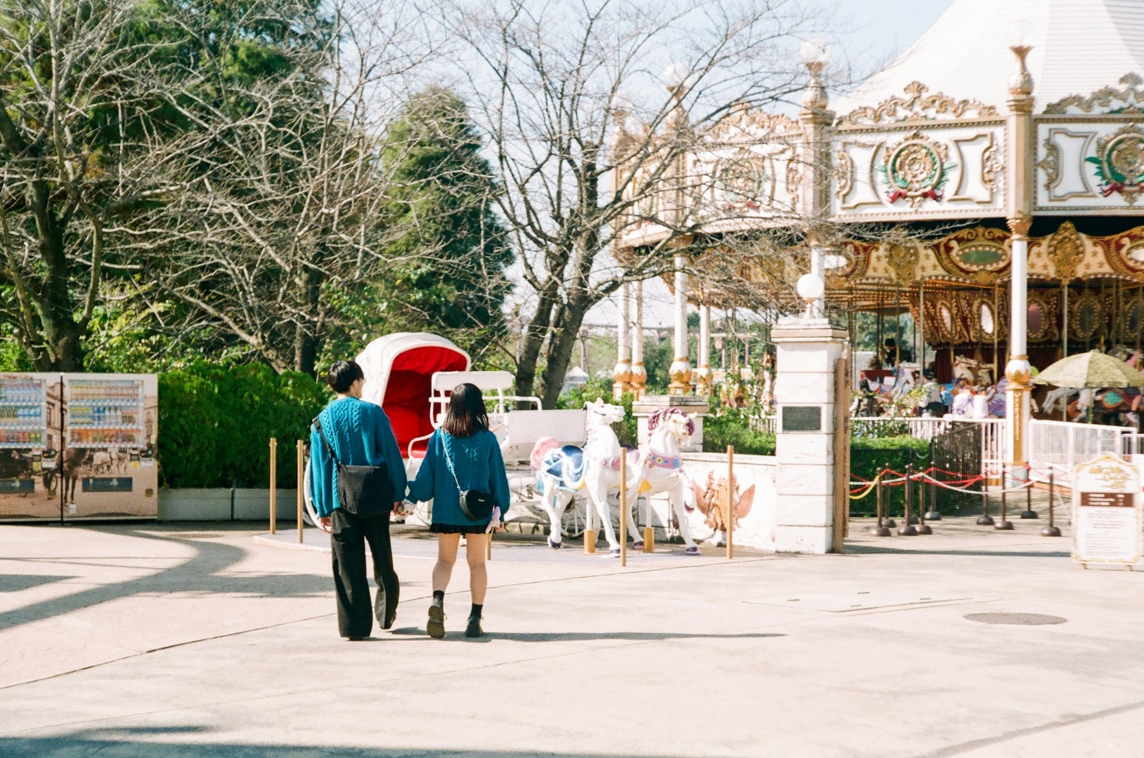 カップルが遊園地でメリーゴーランドの前を歩いている