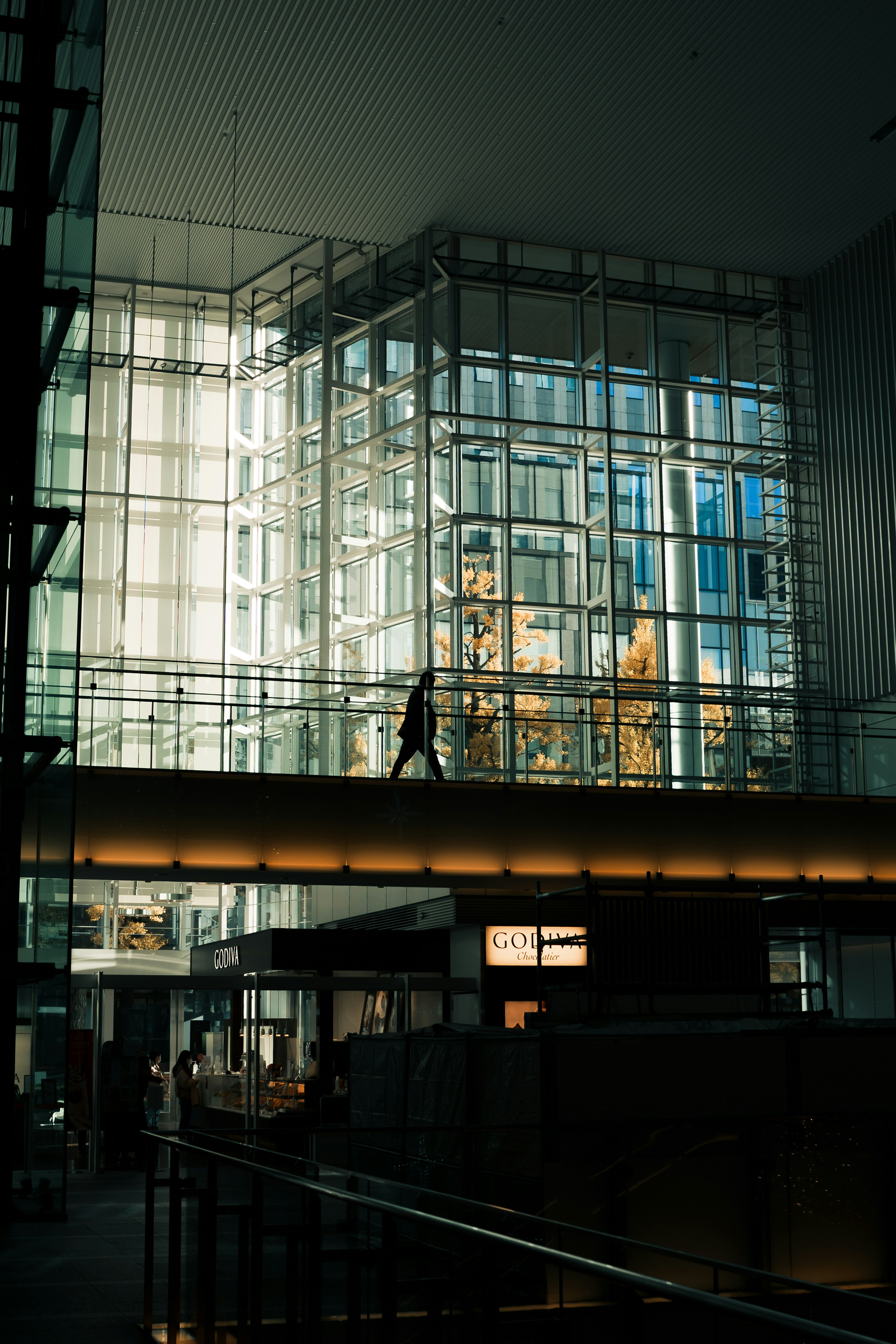 Modern glass building with a silhouette of a person walking