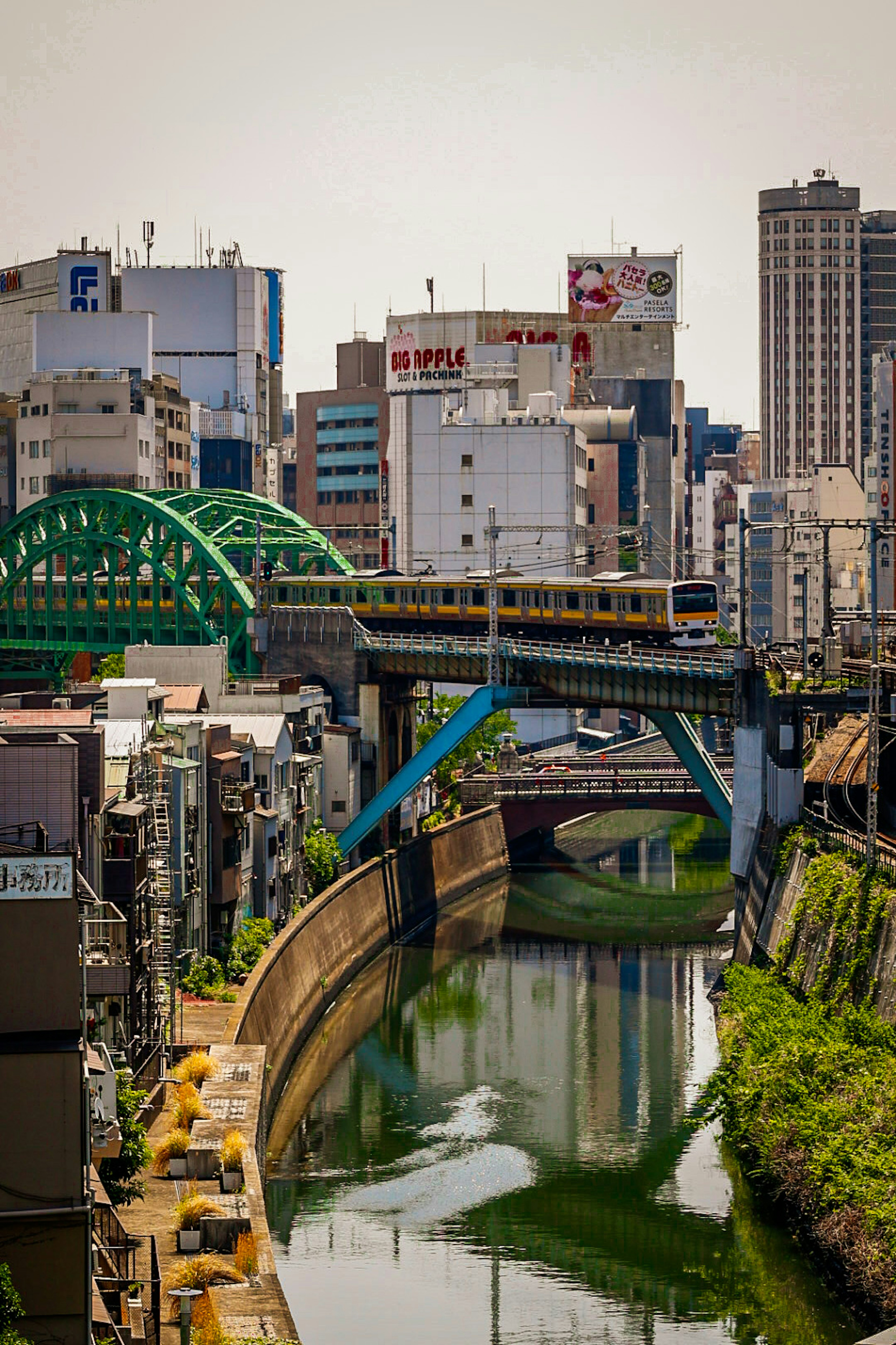 都市の風景にかかる緑の橋と川の景色