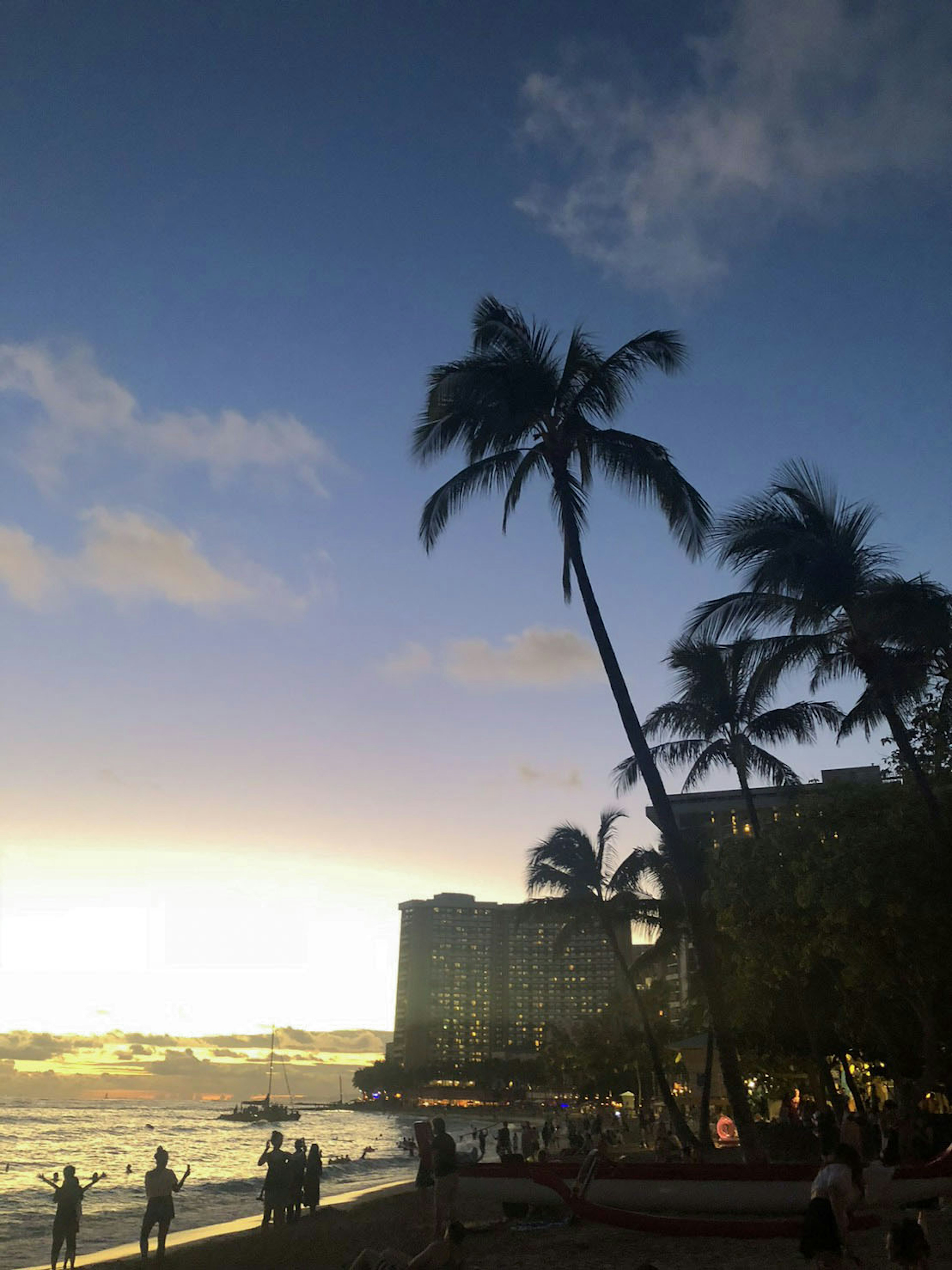 青い空と夕焼けの海辺に立つヤシの木と人々