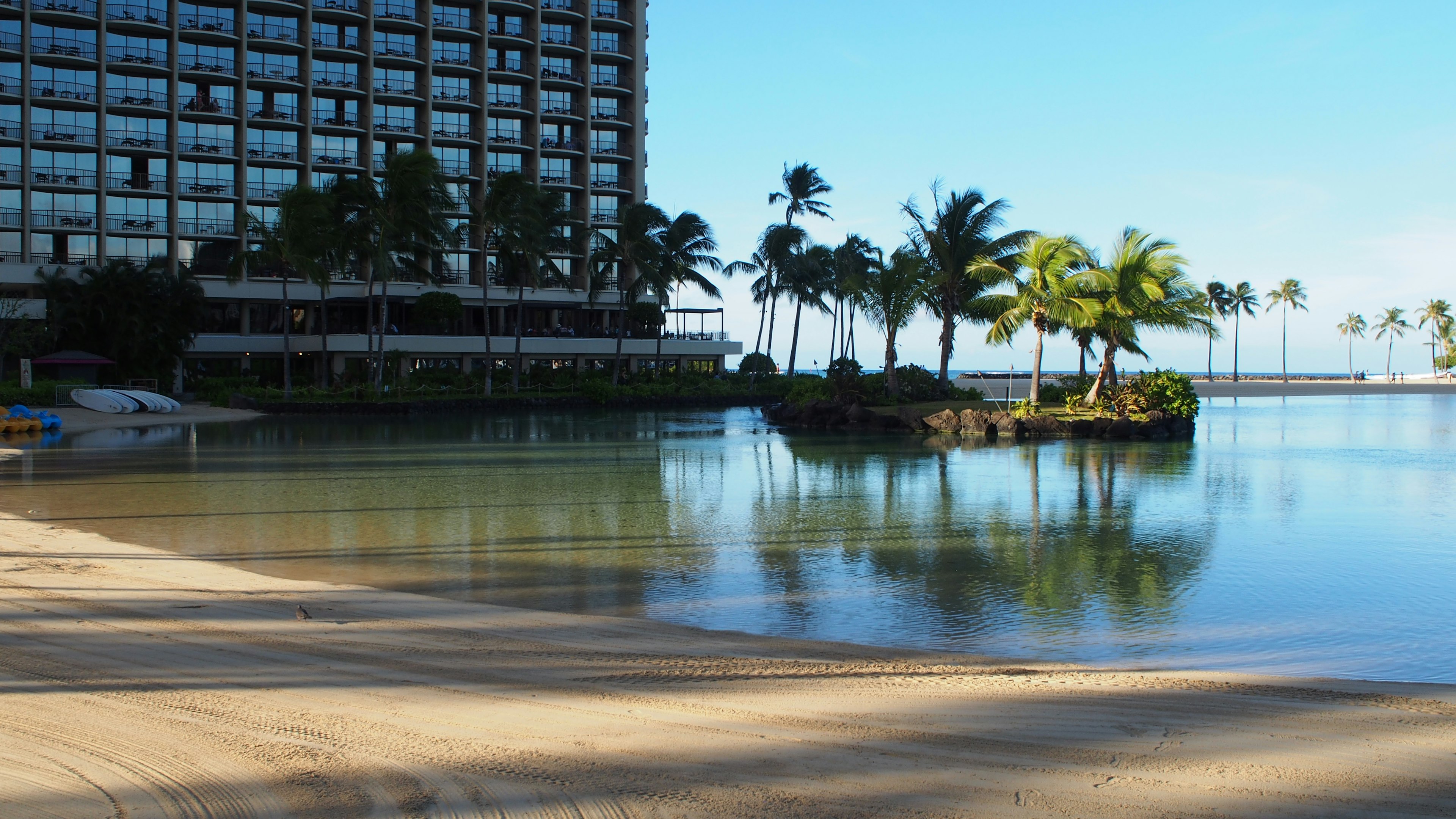 Escena de playa con cielo azul y palmeras reflejándose en el agua tranquila edificio del hotel al fondo