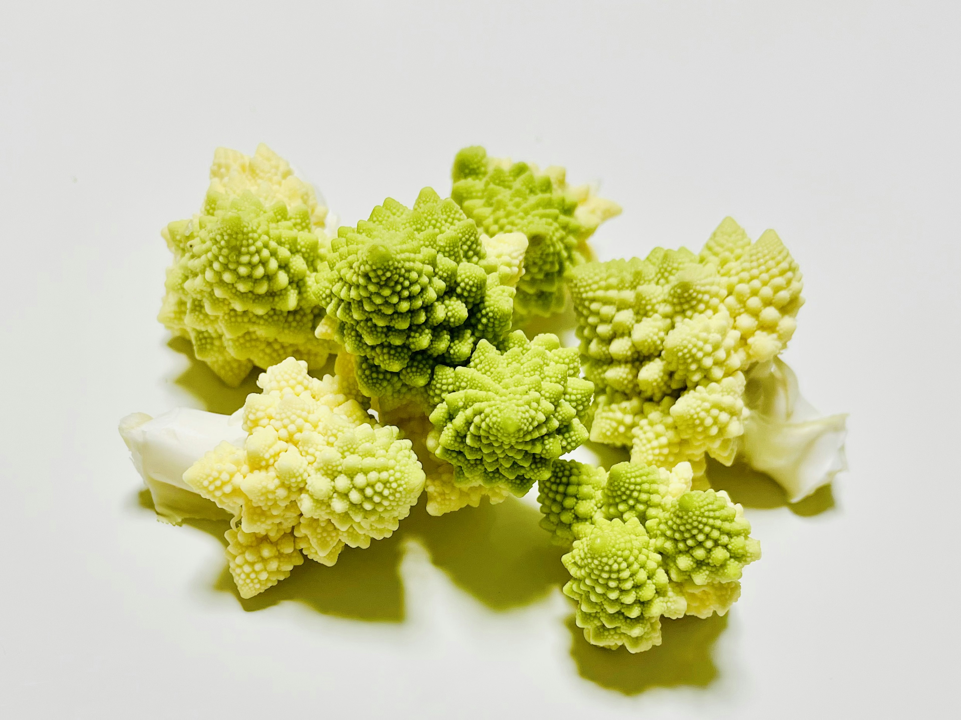 Un groupe de fleurettes de romanesco aux couleurs vertes vives et crème