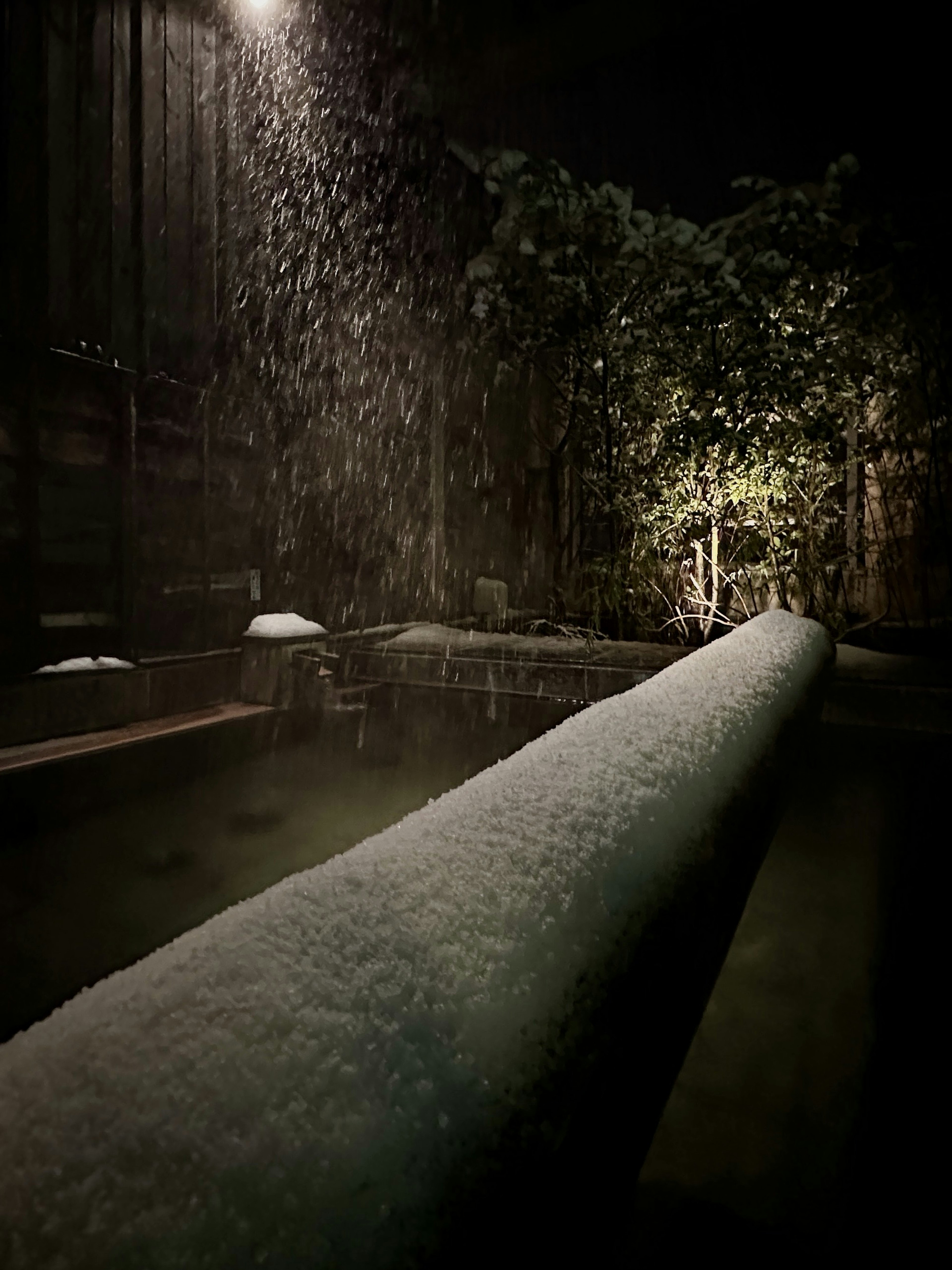 夜の静けさの中で水が流れるパイプと緑の植物が見える風景