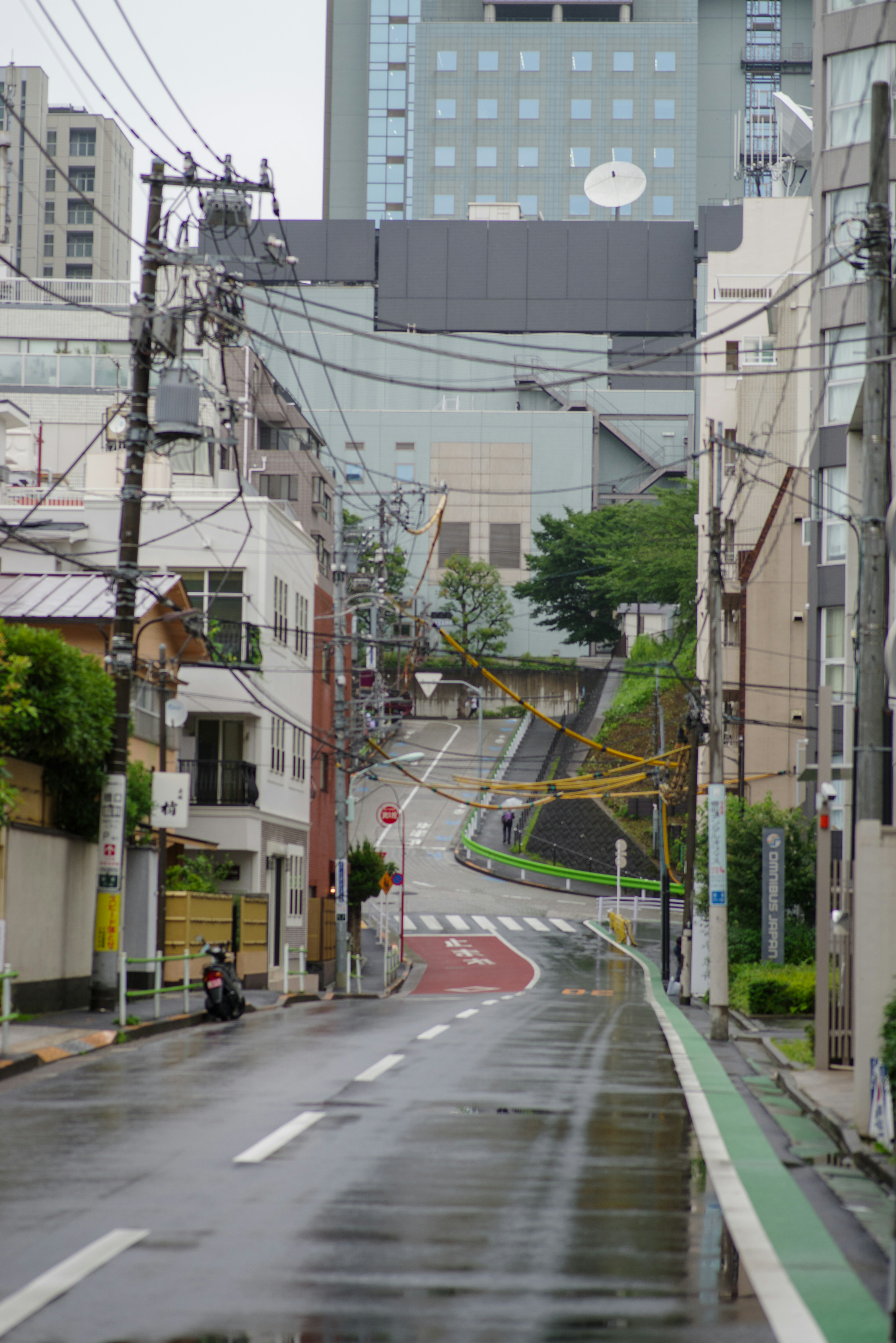 Quiet street scene in the rain featuring a sloped road and power lines