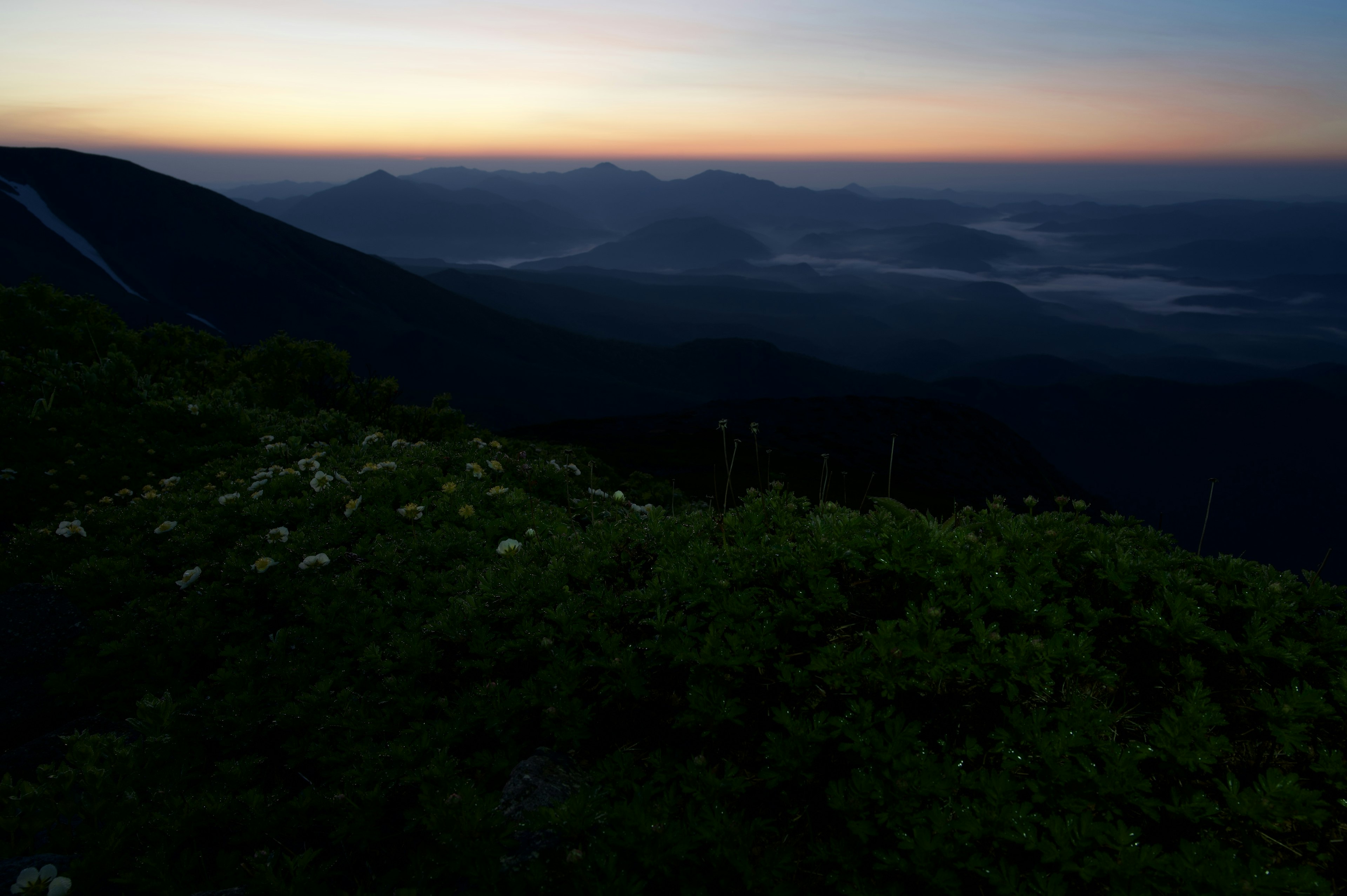 夕暮れの山々と緑の草地の風景