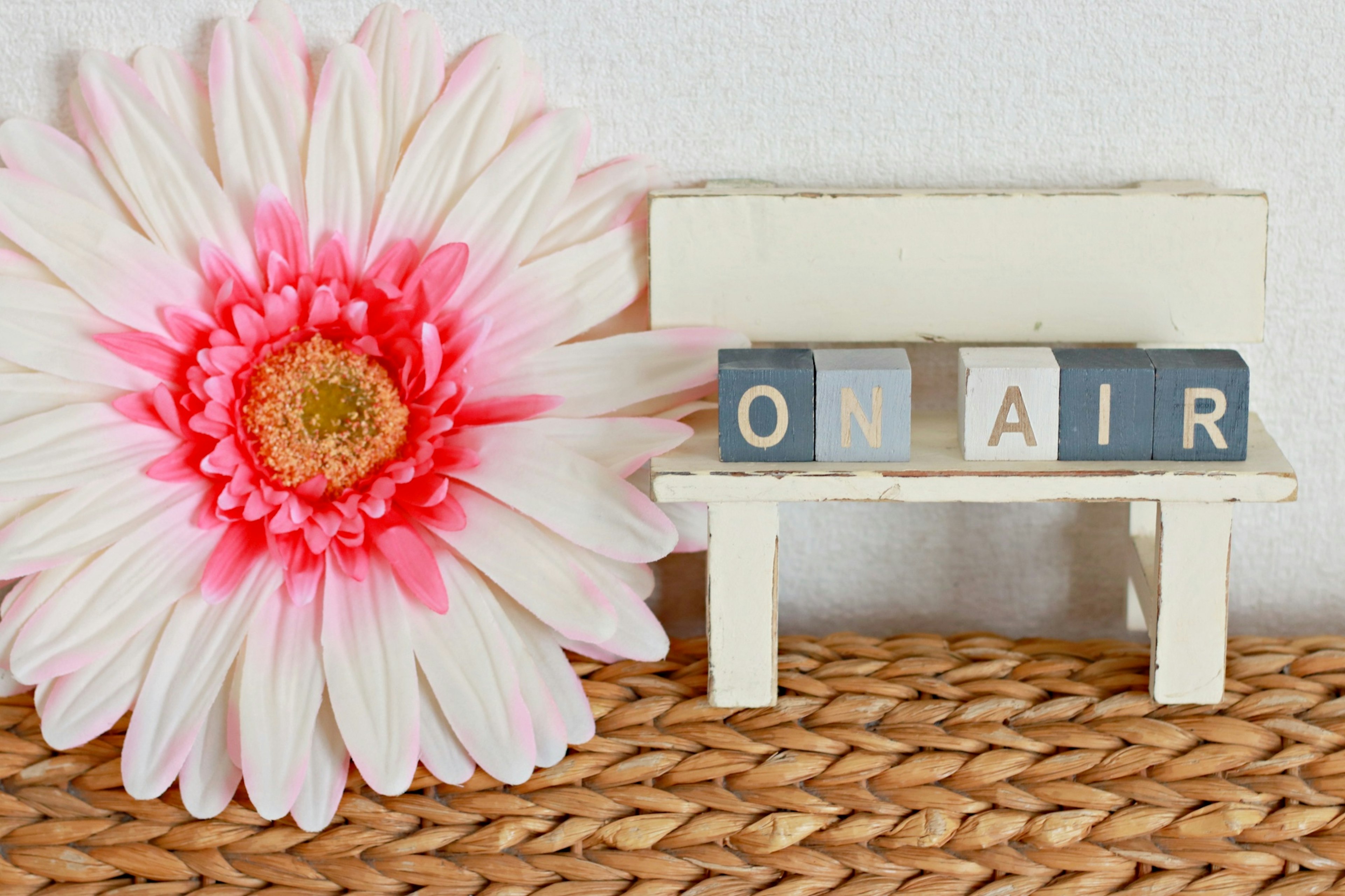 Eine pinkfarbene Blume neben einer kleinen Bank mit Blöcken, die ON AIR vor einer weißen Wand buchstabieren