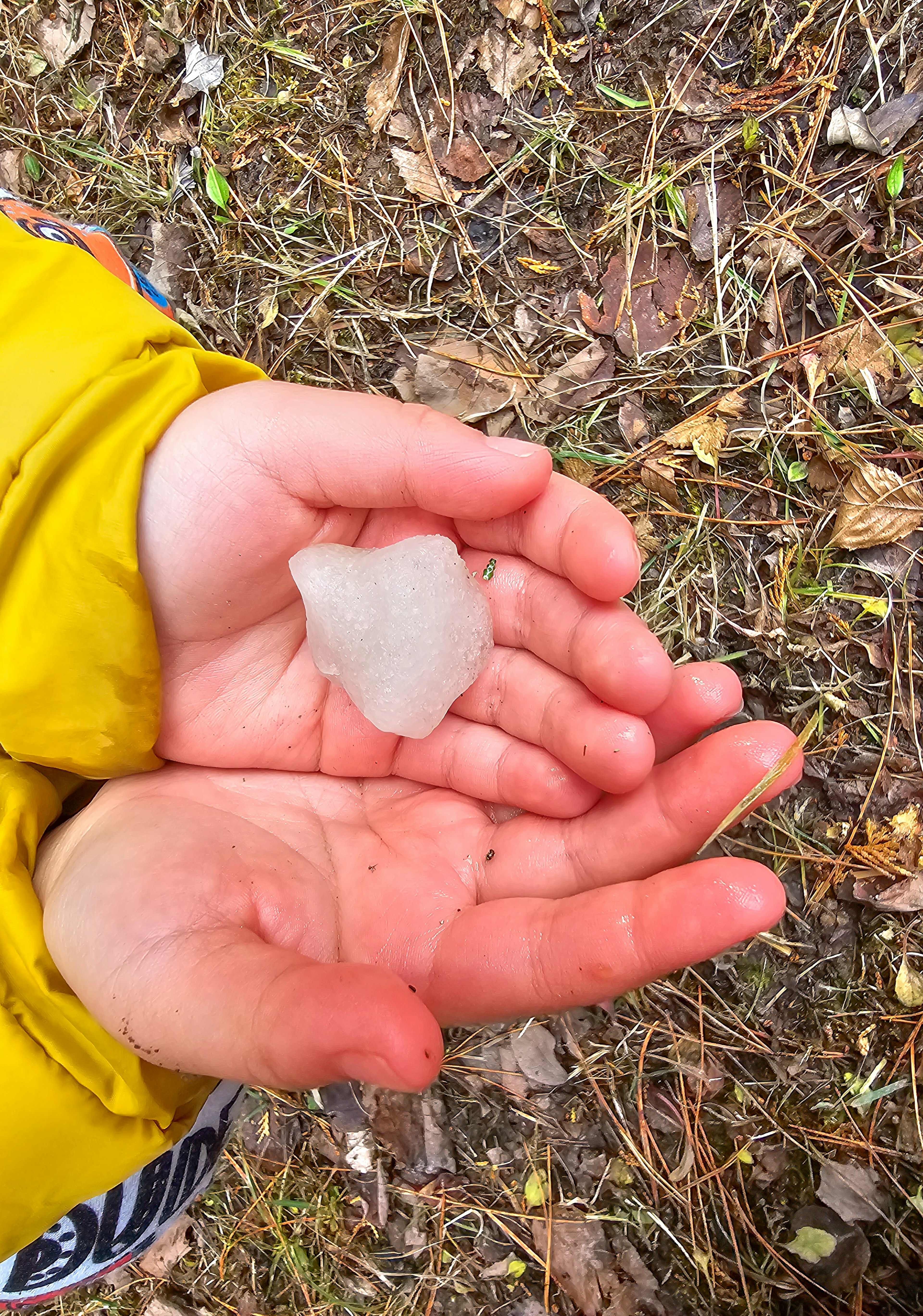 Le mani di un bambino che tengono un pezzo di ghiaccio trasparente all'aperto