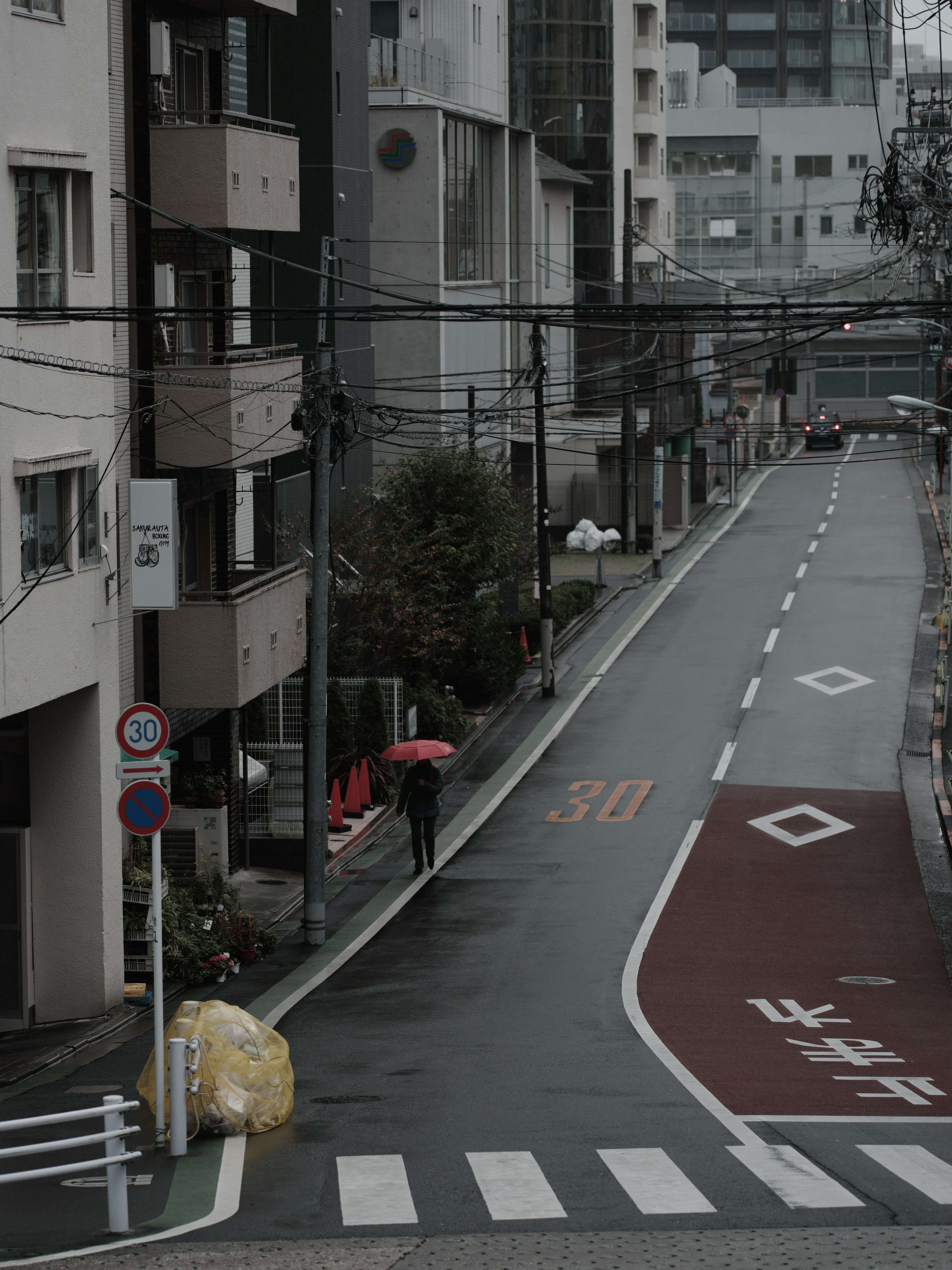 Una giornata di pioggia a Tokyo con una persona con ombrello e una strada tranquilla