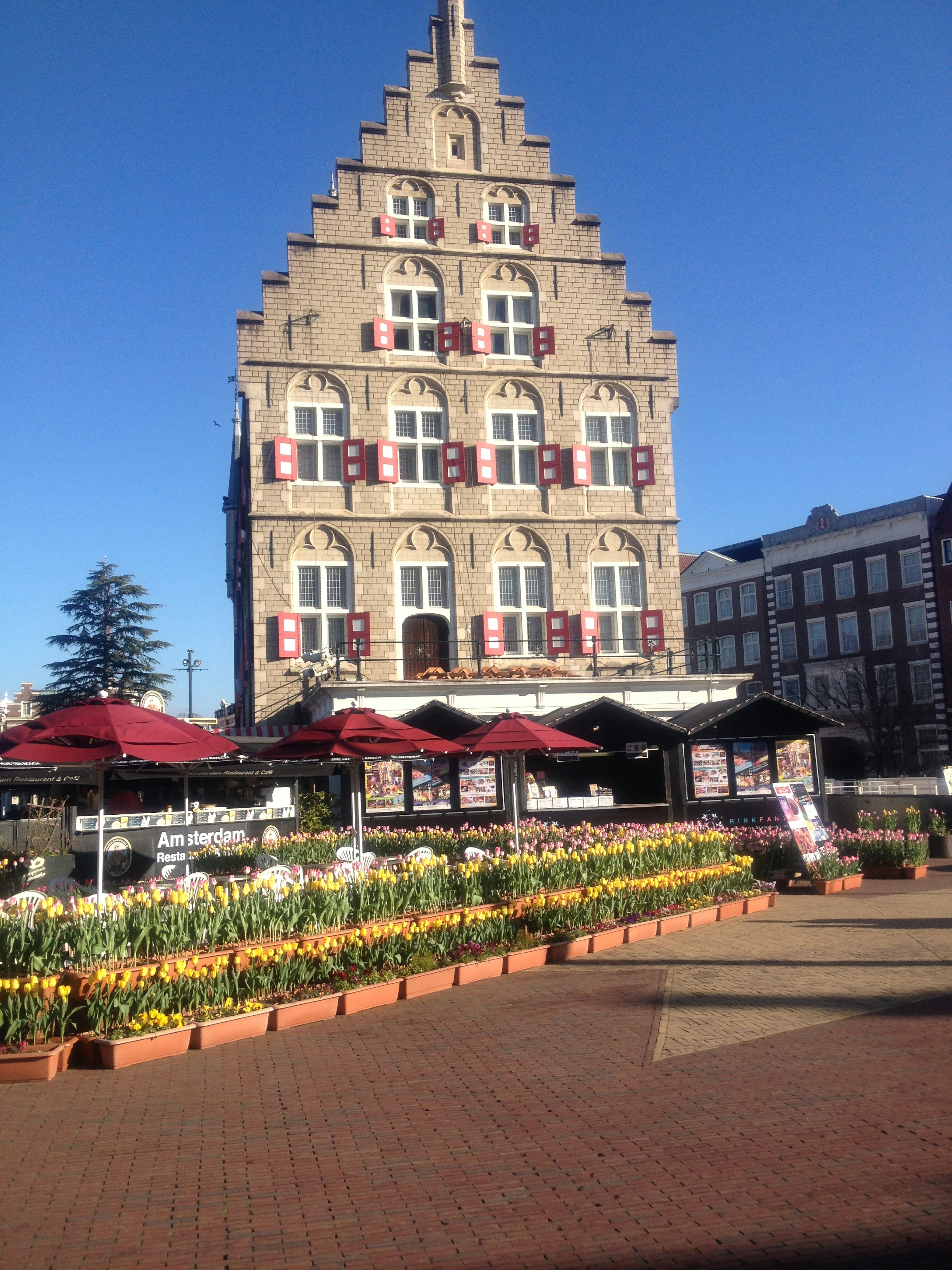 Hermoso edificio con asientos en la terraza y parterres de flores en primer plano