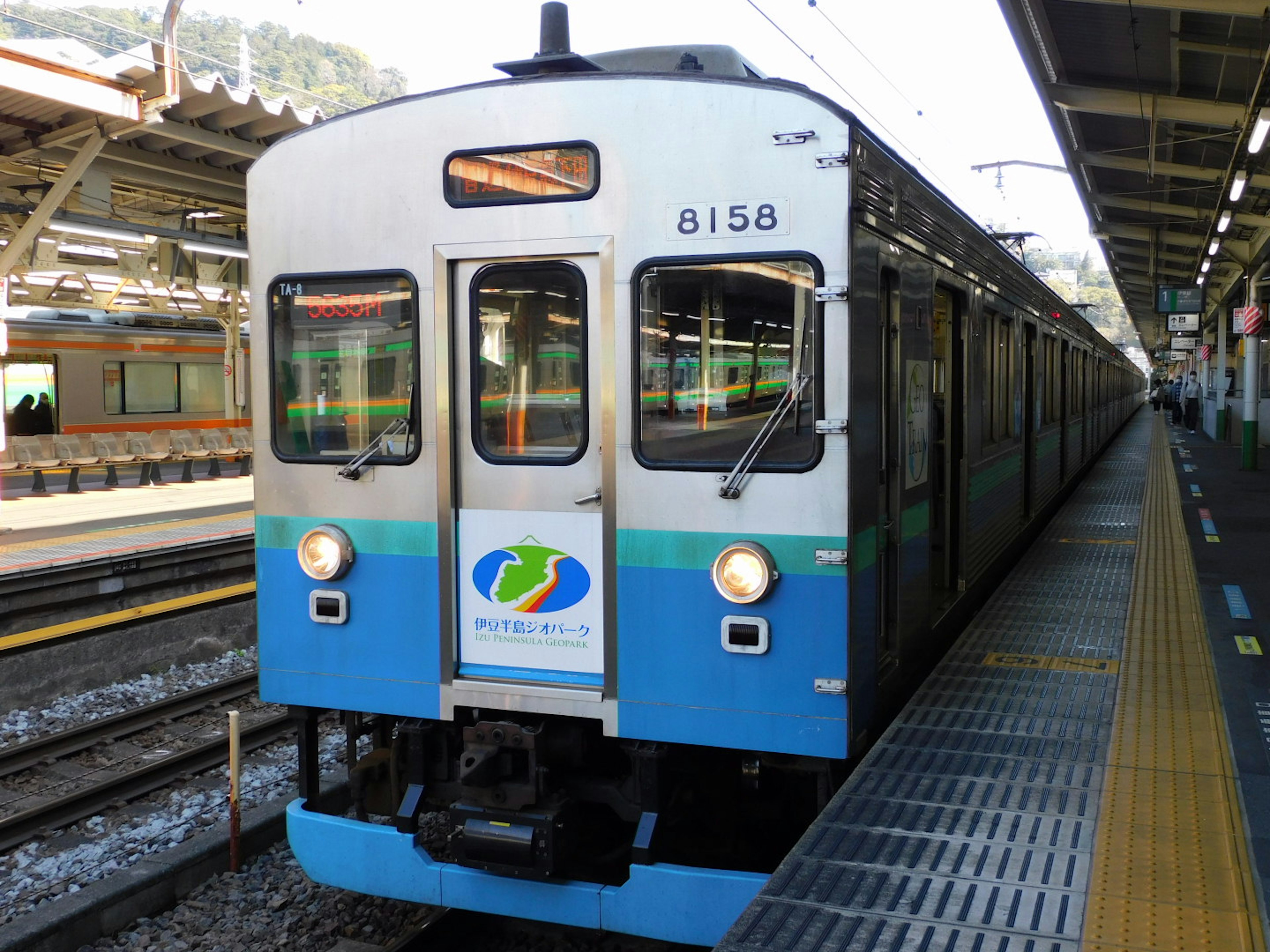 Treno blu e bianco fermo in una stazione