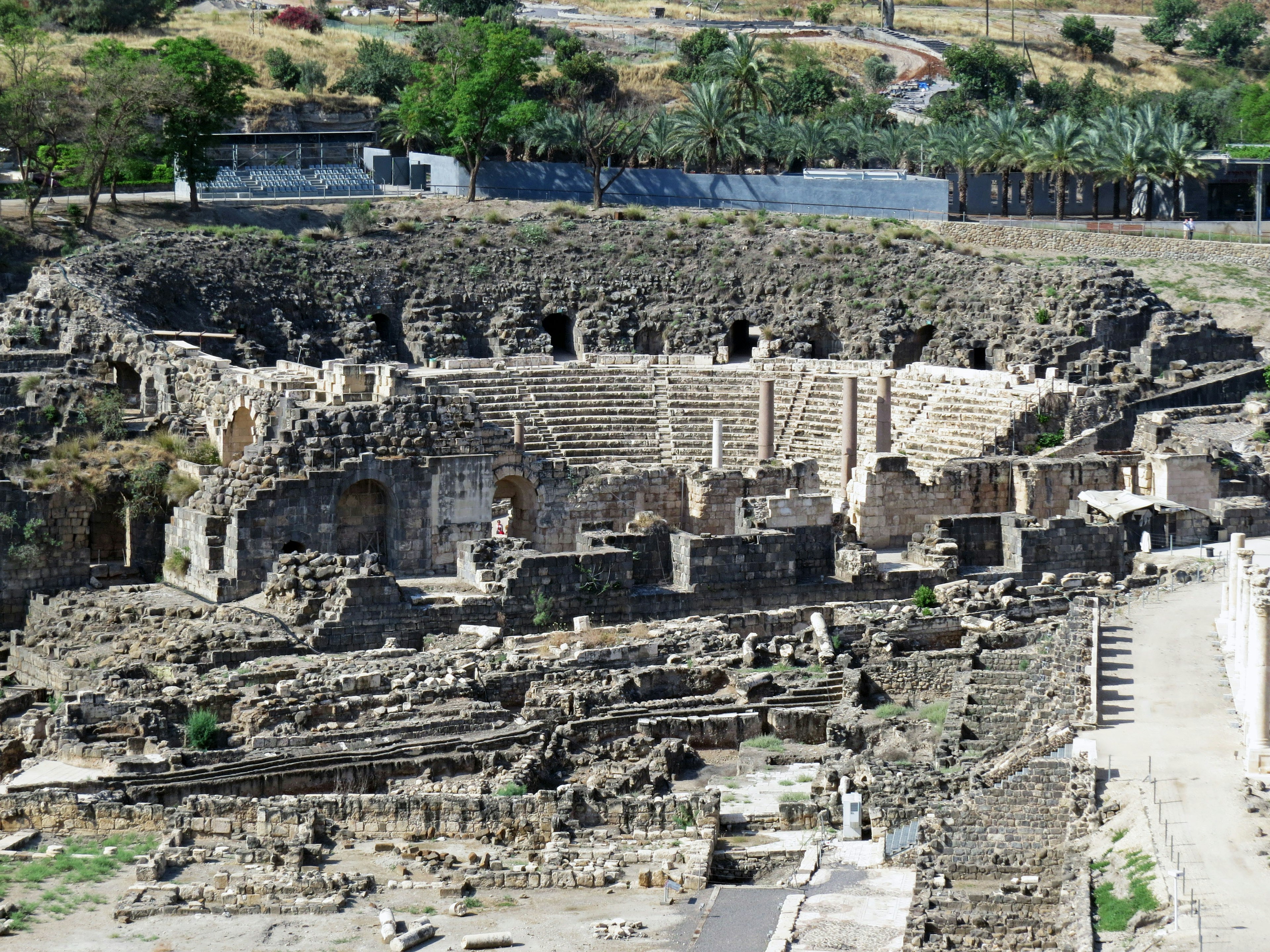 Rovine antiche di un teatro circolare circondato da vegetazione