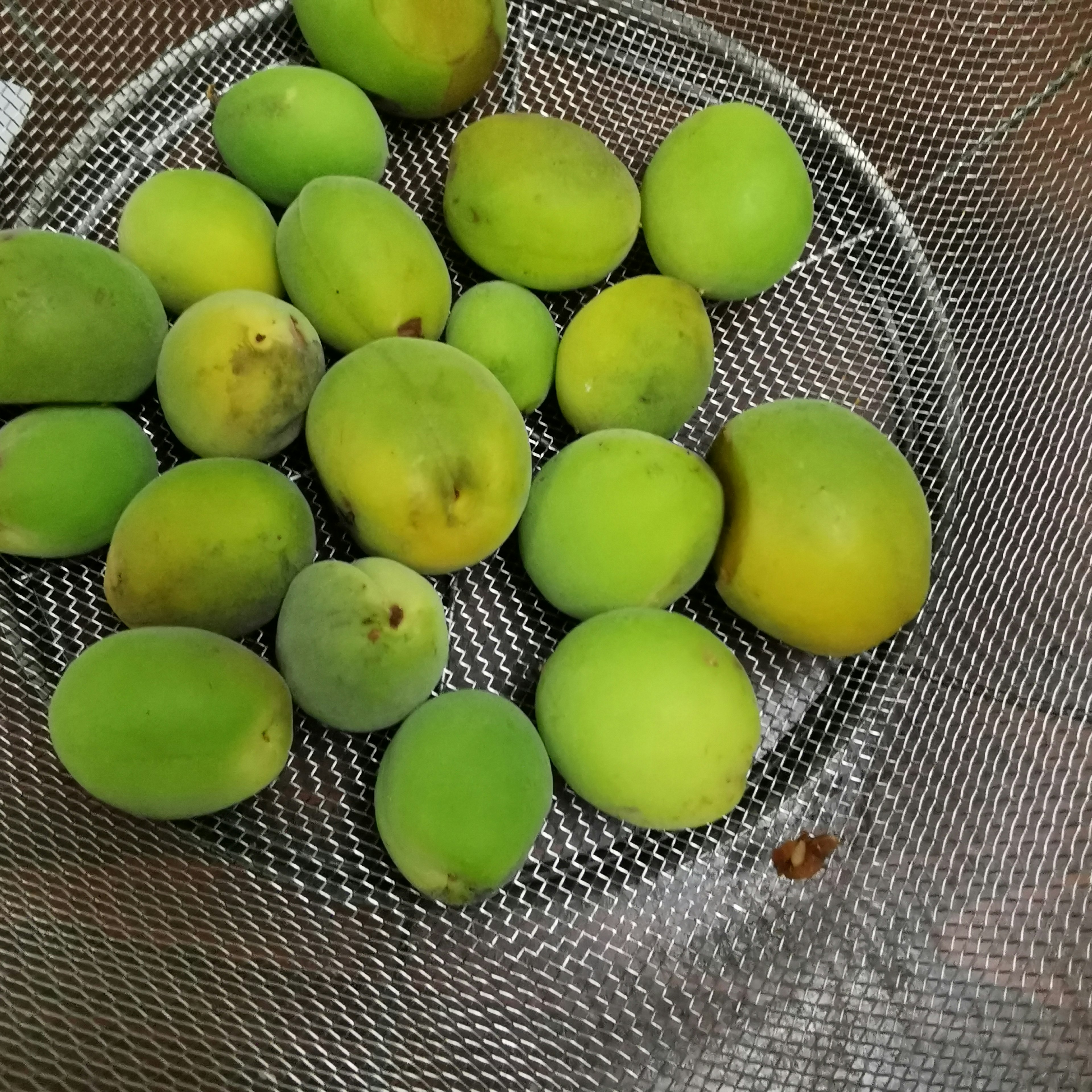 Green fruits in a mesh bowl