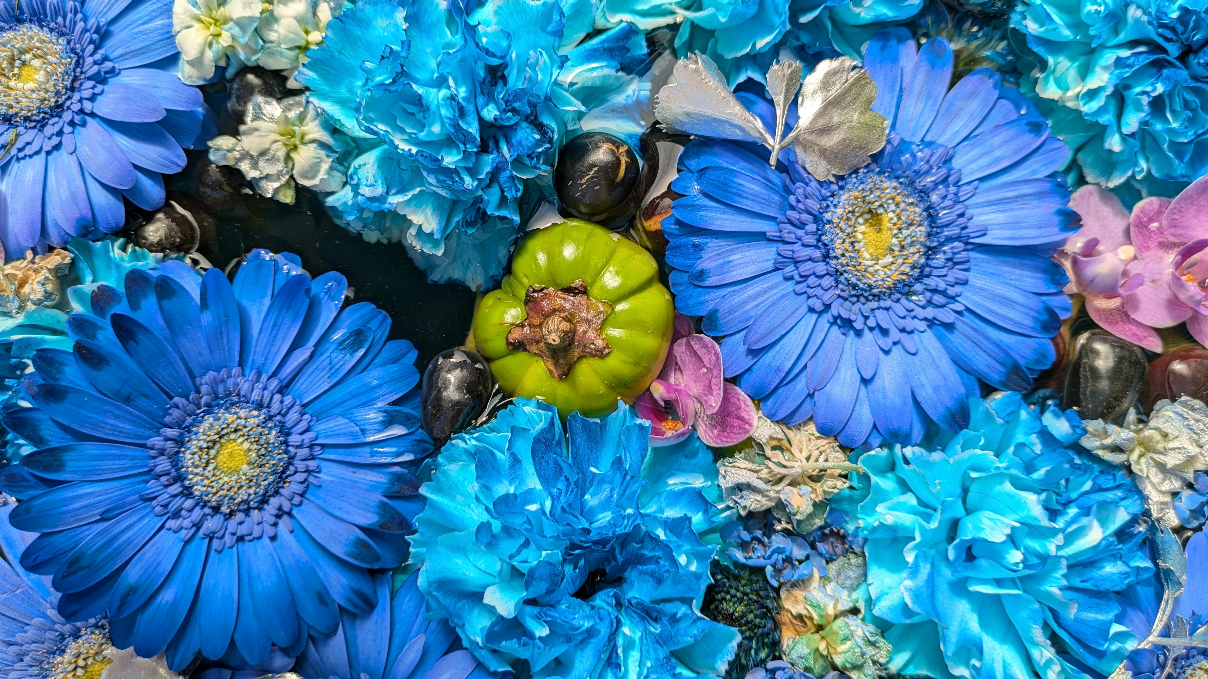 Arrangement vibrant de fleurs bleues avec un fruit vert au centre