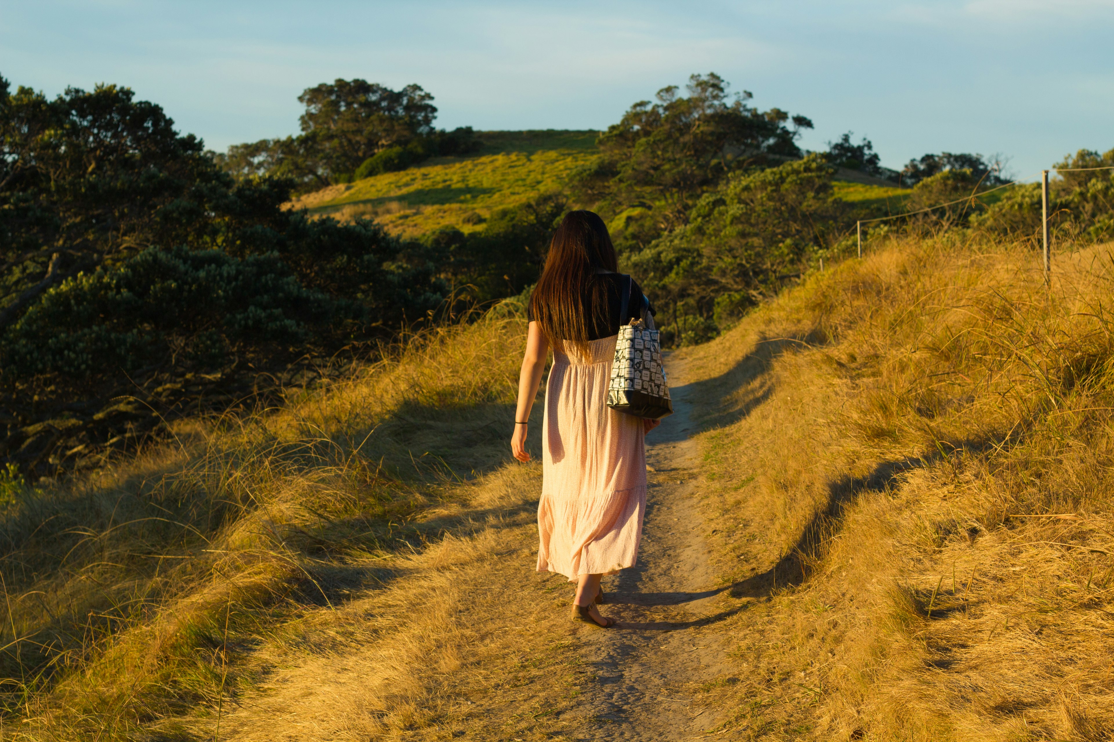 草原の小道を歩く女性の背中が見える夕暮れの風景