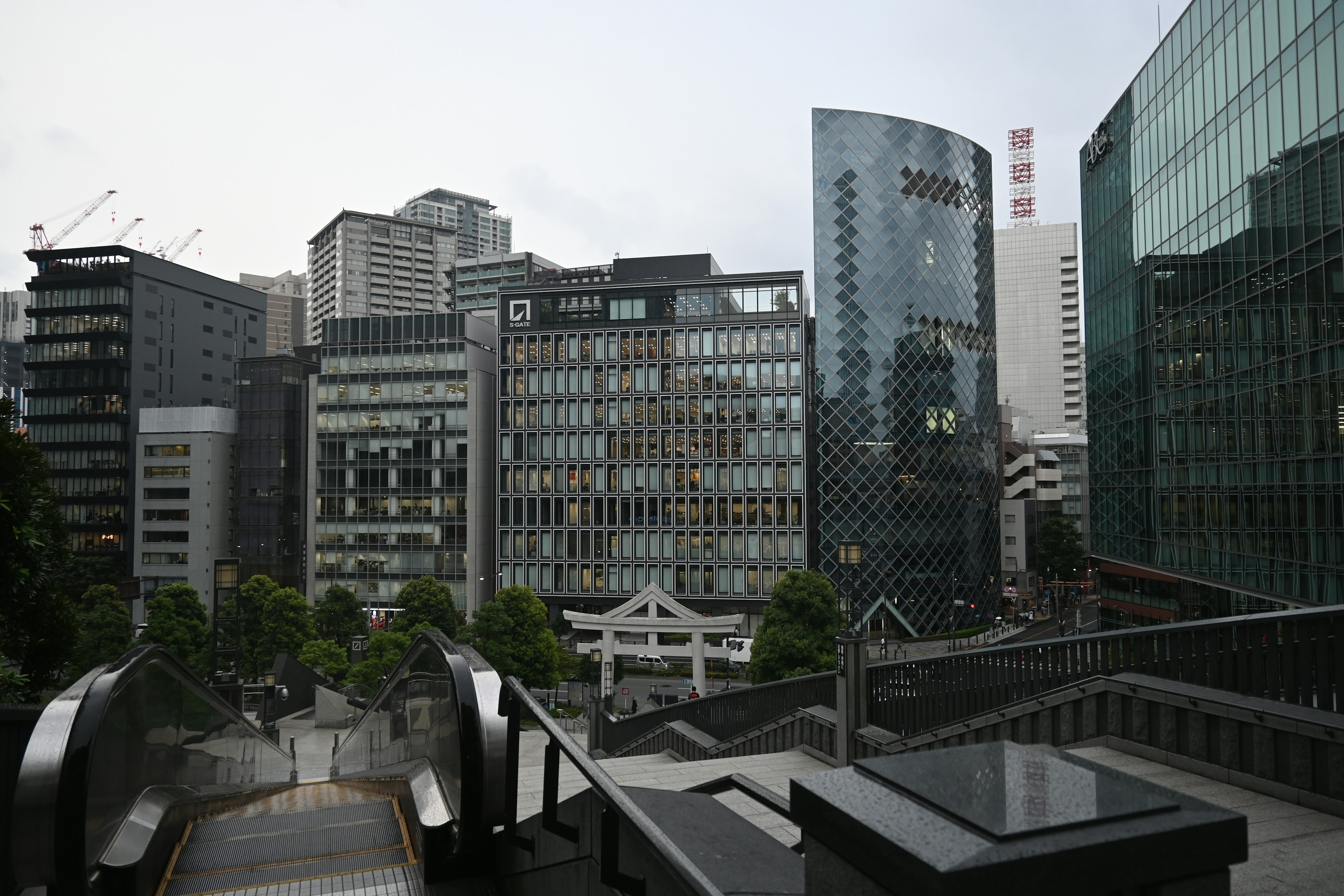 Modern buildings and green trees in an urban landscape