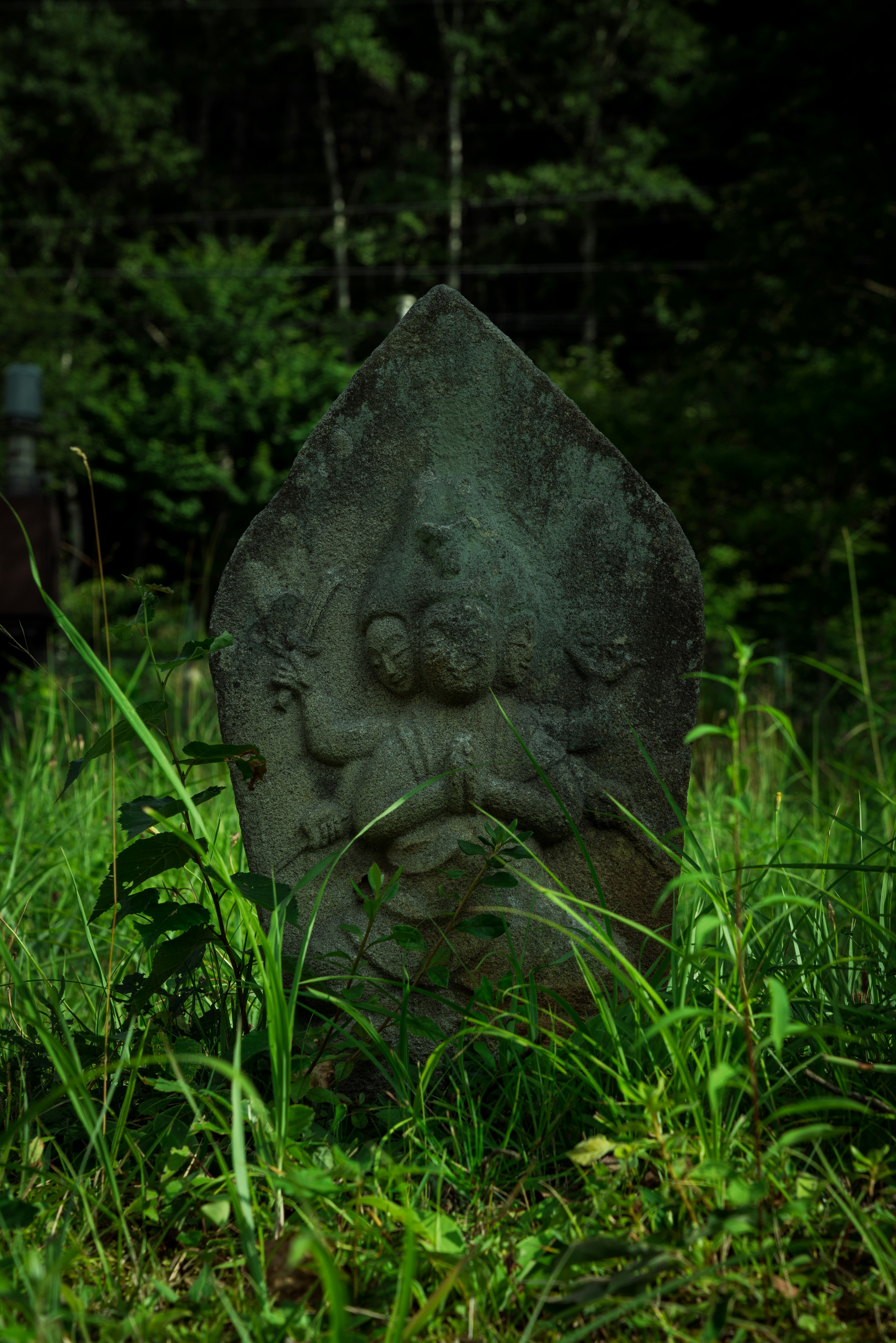 Ancient stone tablet featuring a carved deity surrounded by grass