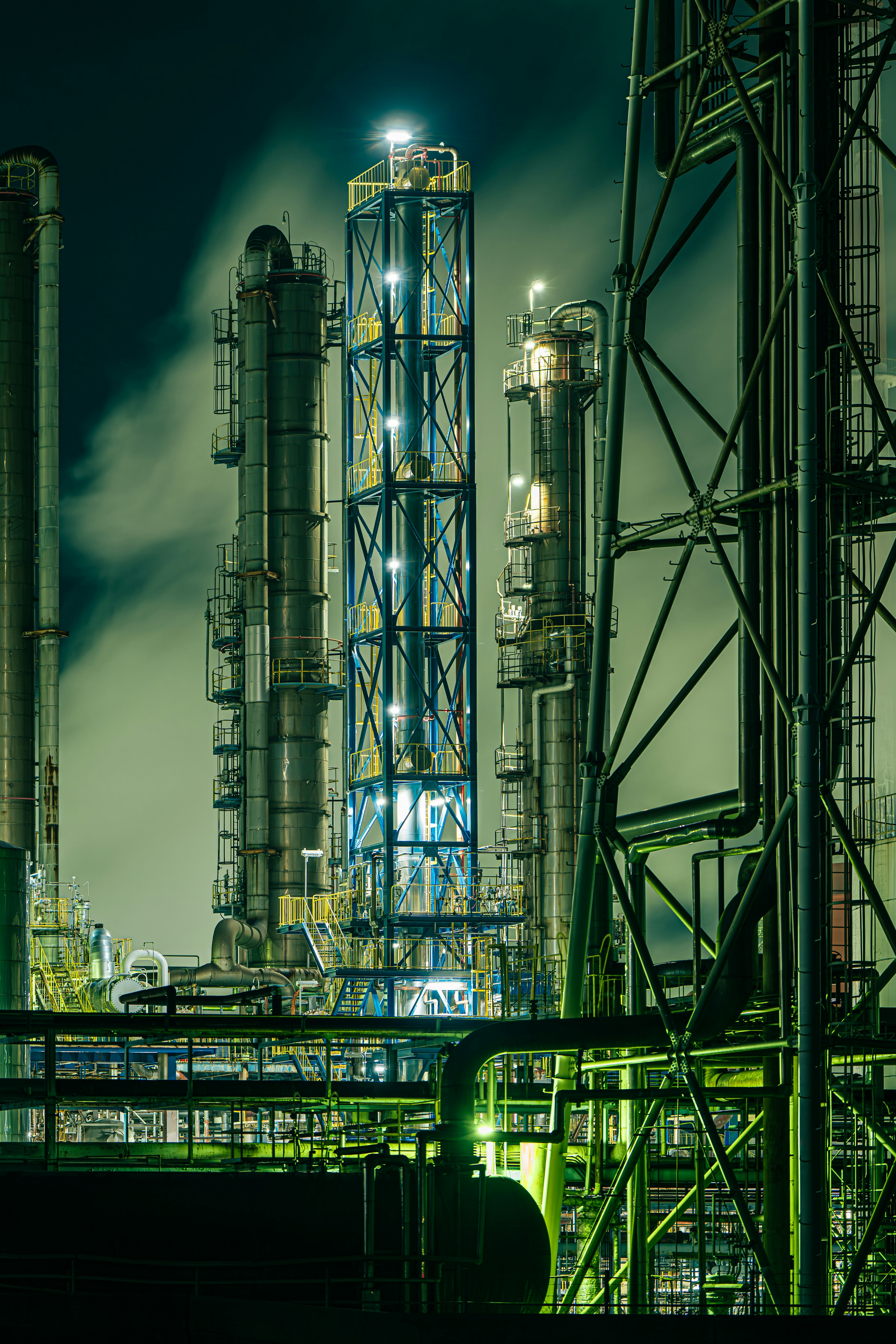 Night view of industrial plant with tall towers and structures