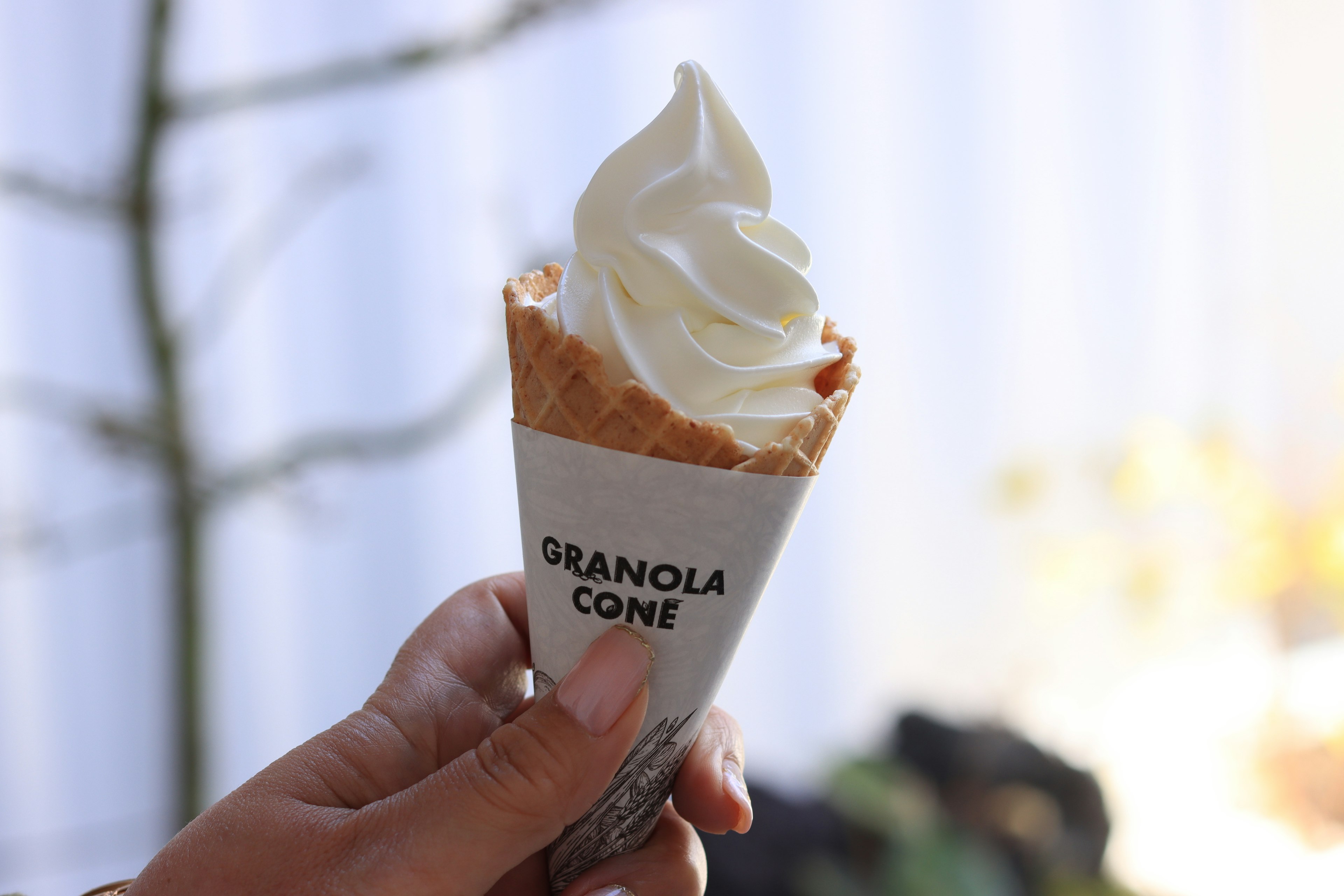 A hand holding a granola cone filled with soft-serve ice cream