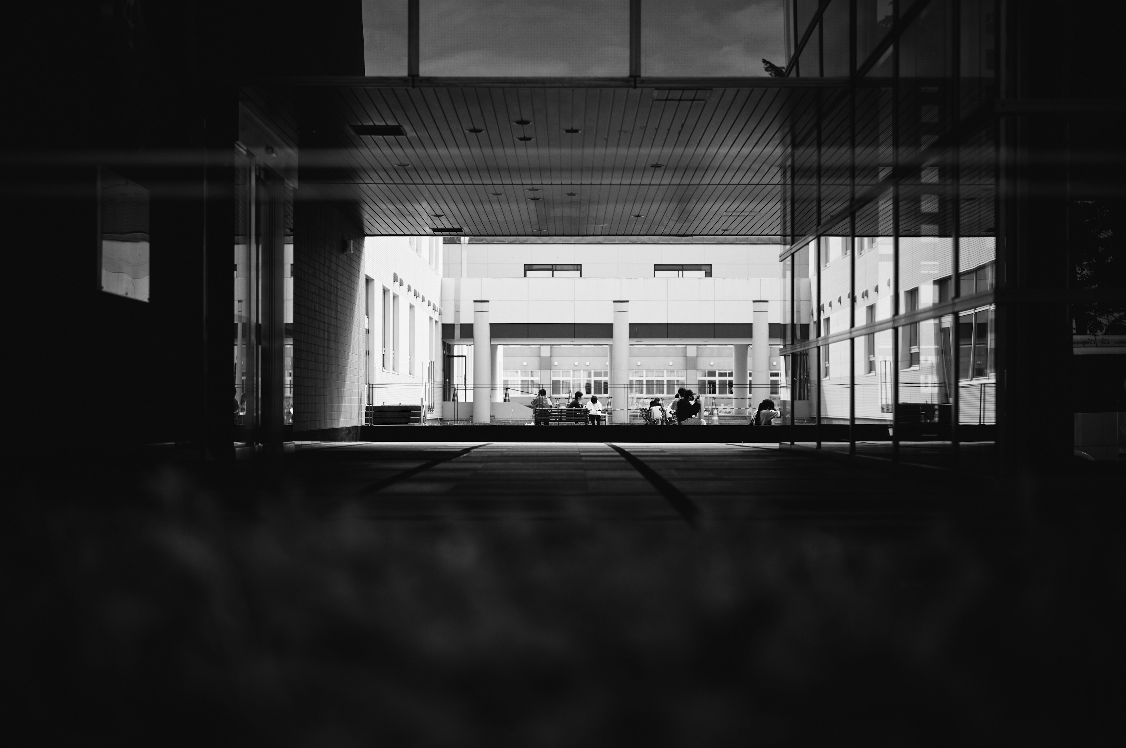 Black and white photo showing a view from inside a building Spacious glass walls and floor texture are prominent