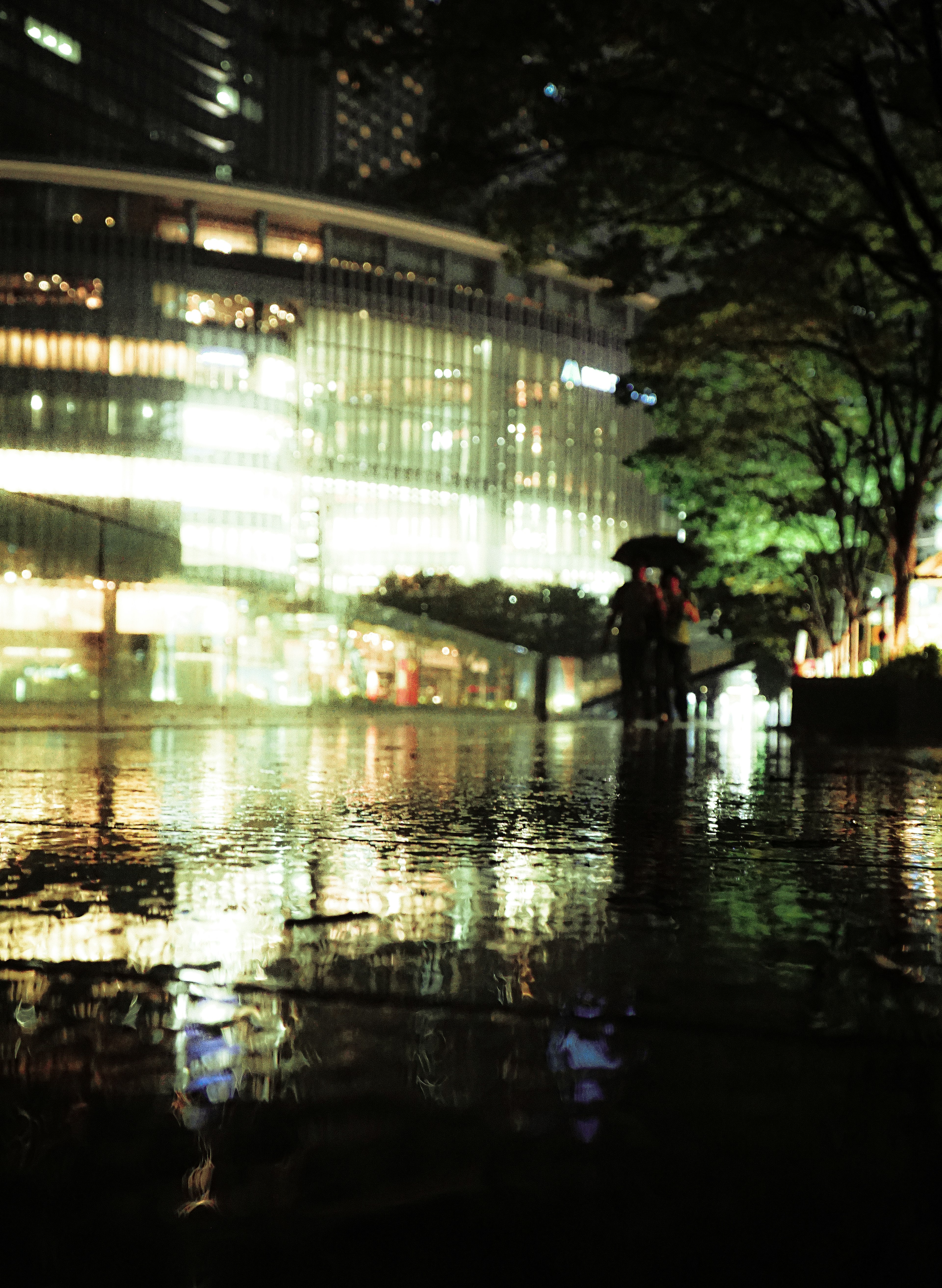 Rain-soaked urban scene with reflections of bright buildings and people holding umbrellas