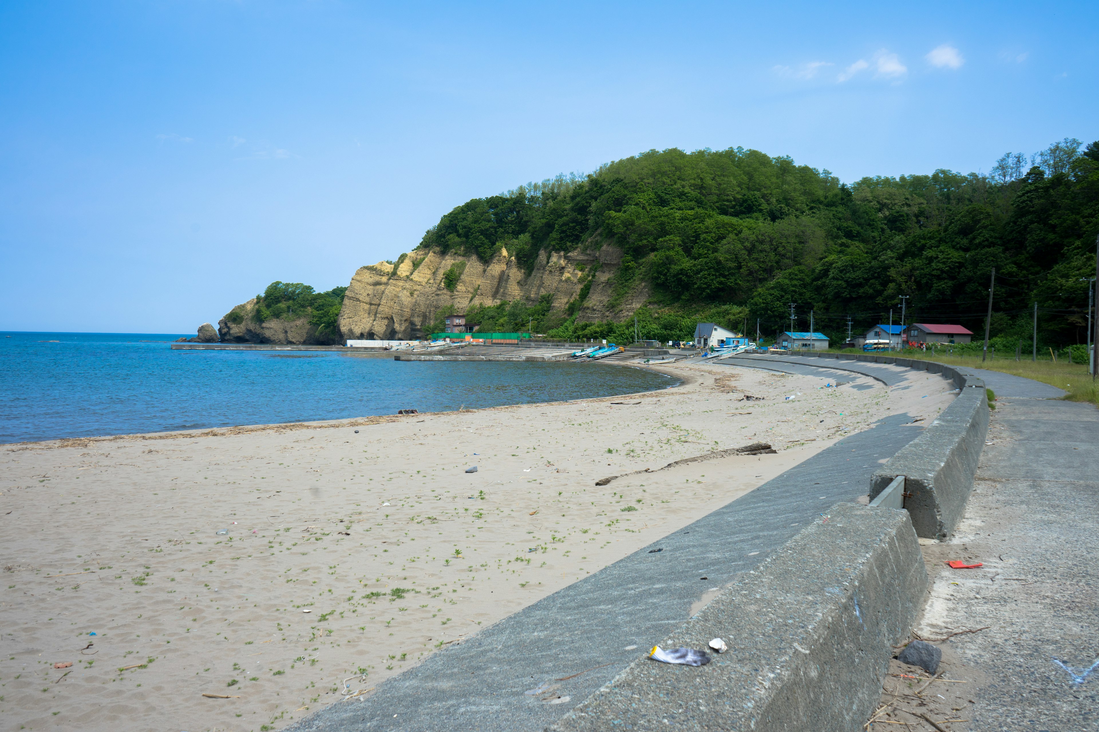 Vista de playa escénica con costa y colinas verdes