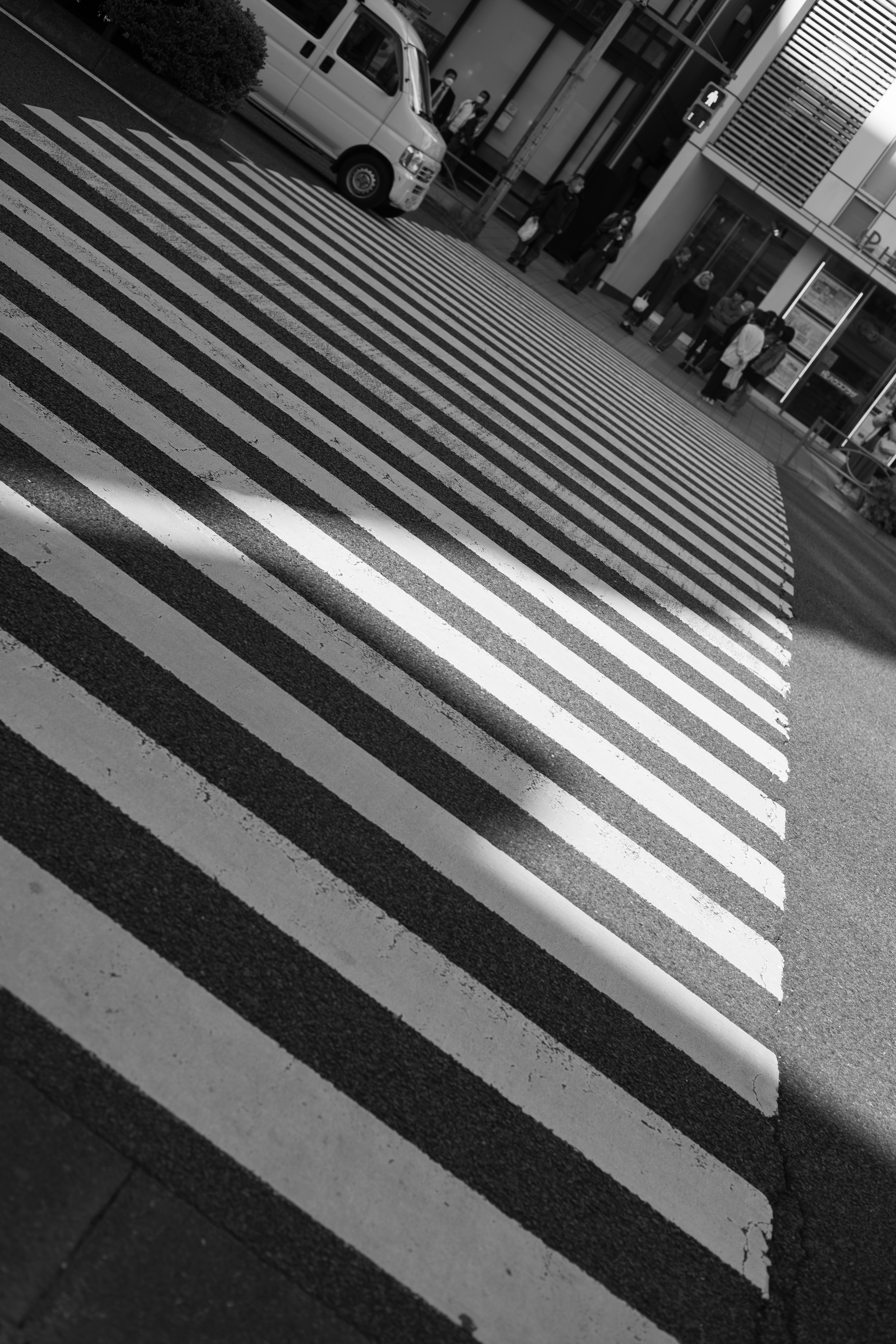 Black and white photo of a crosswalk with shadows