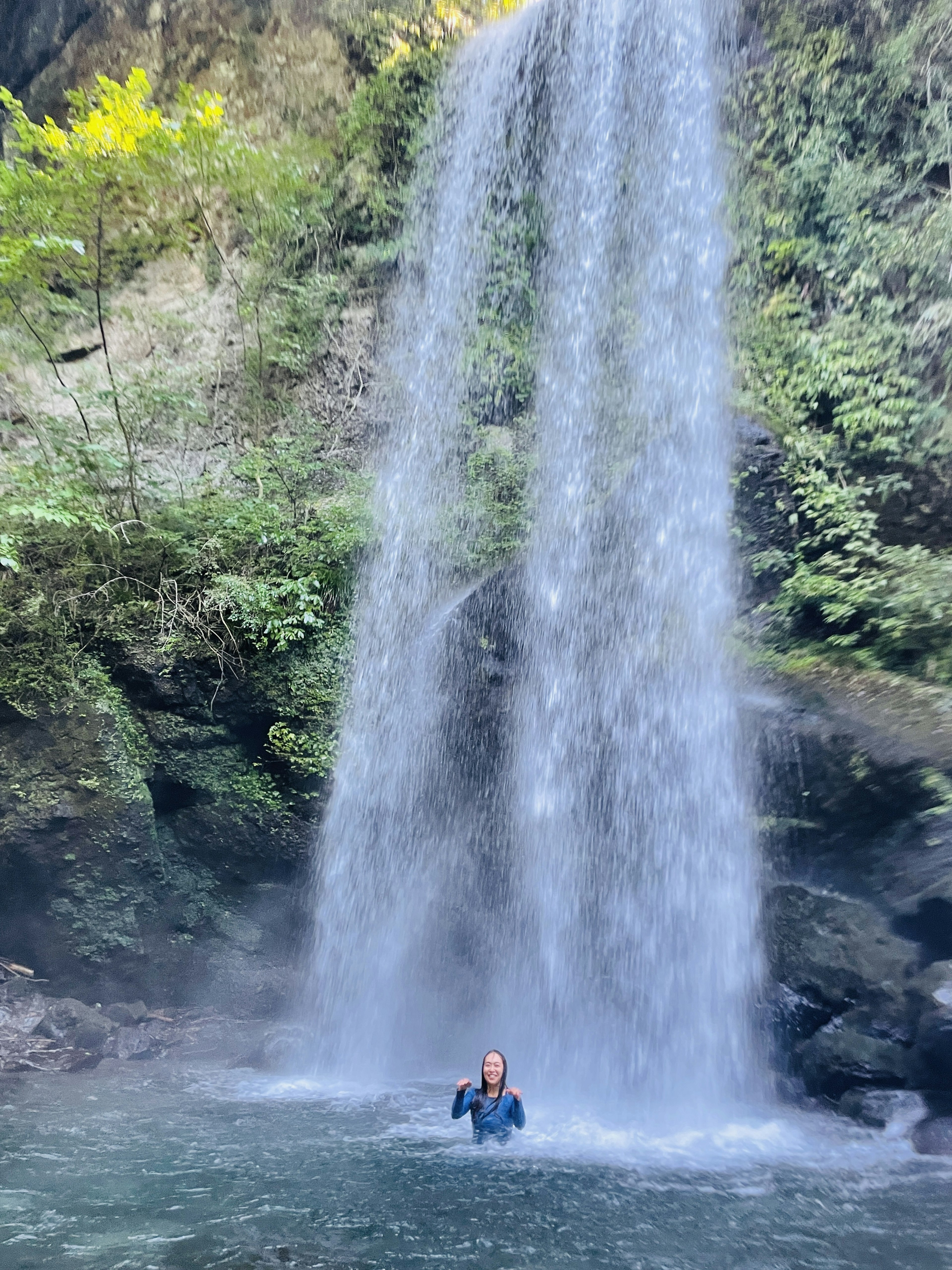 Personne se tenant dans l'eau devant une cascade entourée de verdure luxuriante