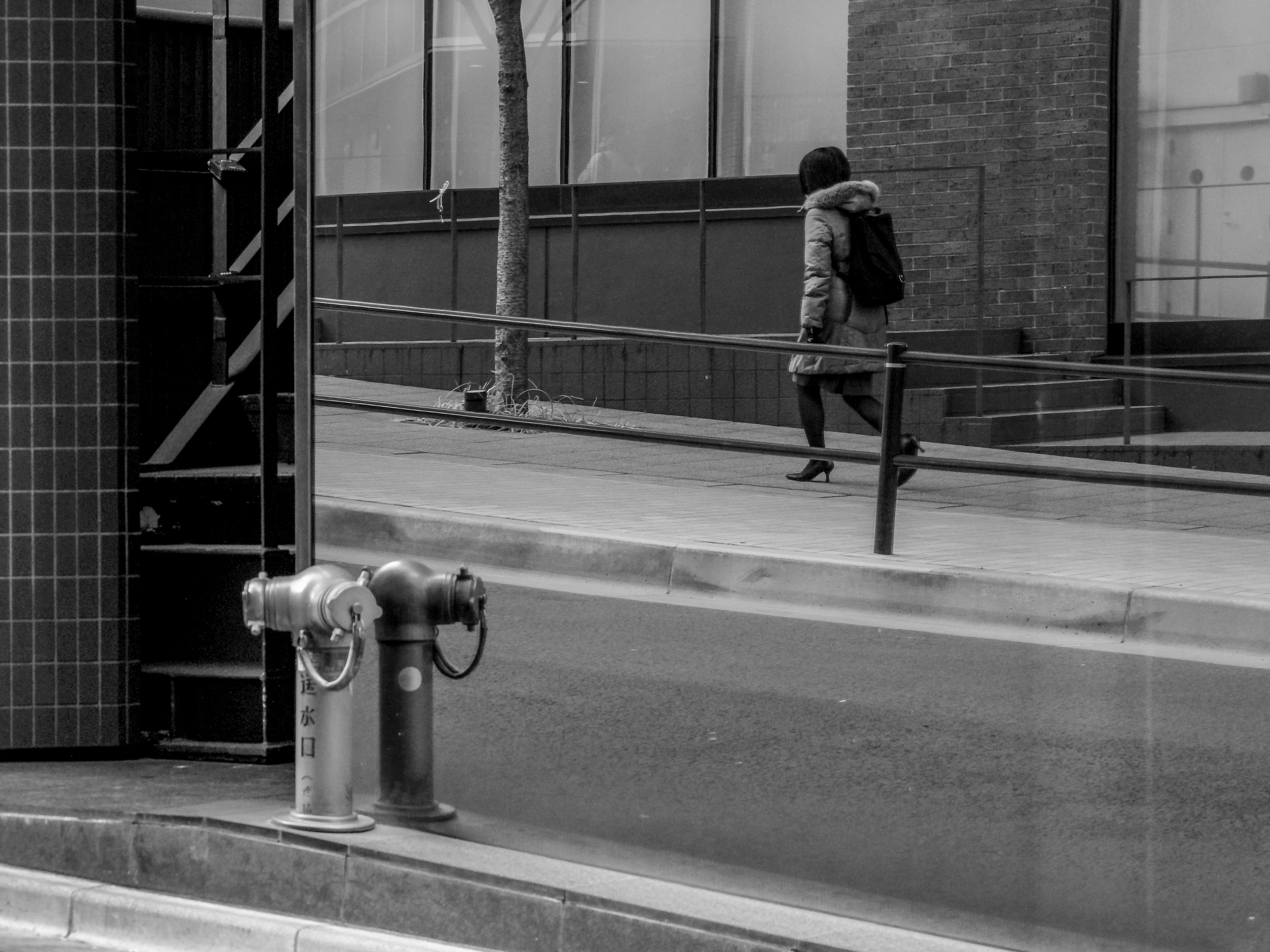 Black and white photo of a person walking in the street with a reflection of a fire hydrant