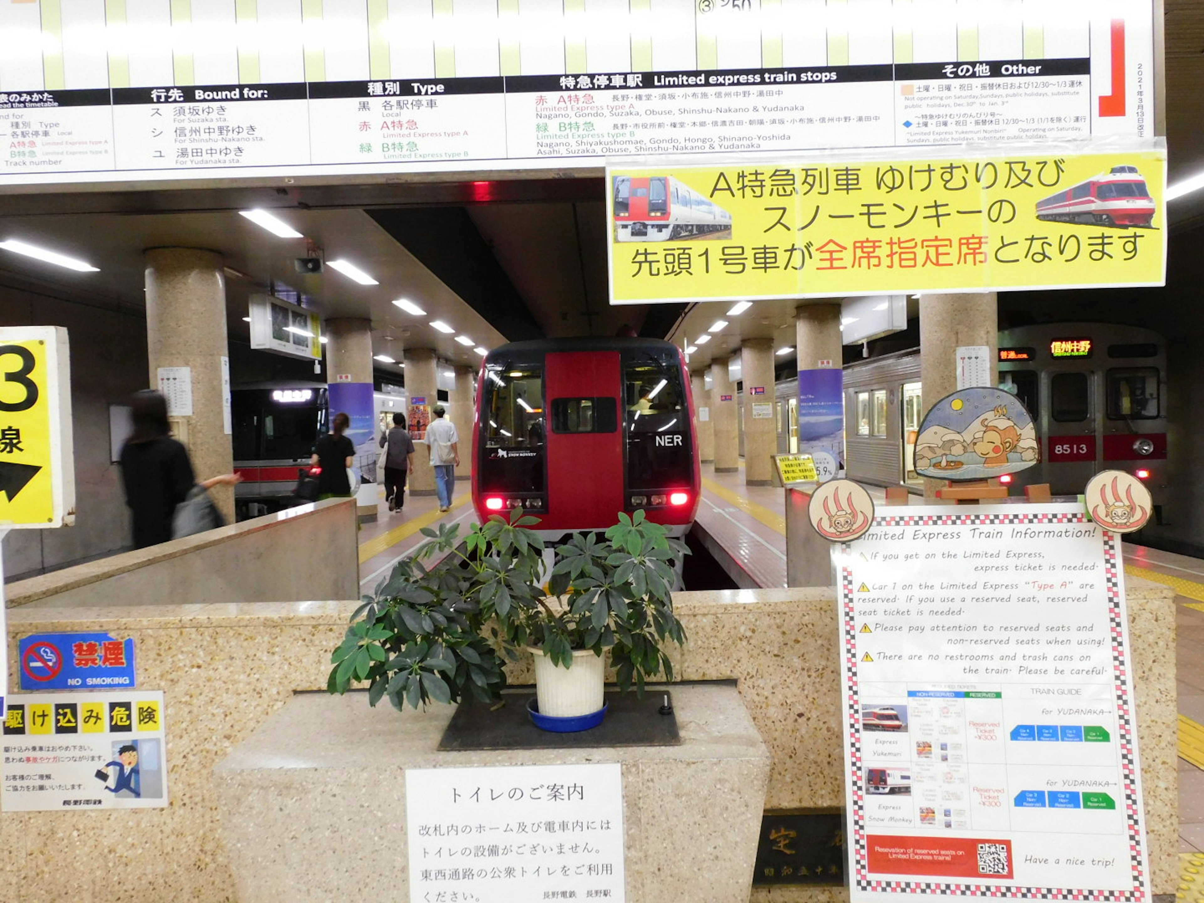 駅のプラットフォームにいる赤い電車と観葉植物