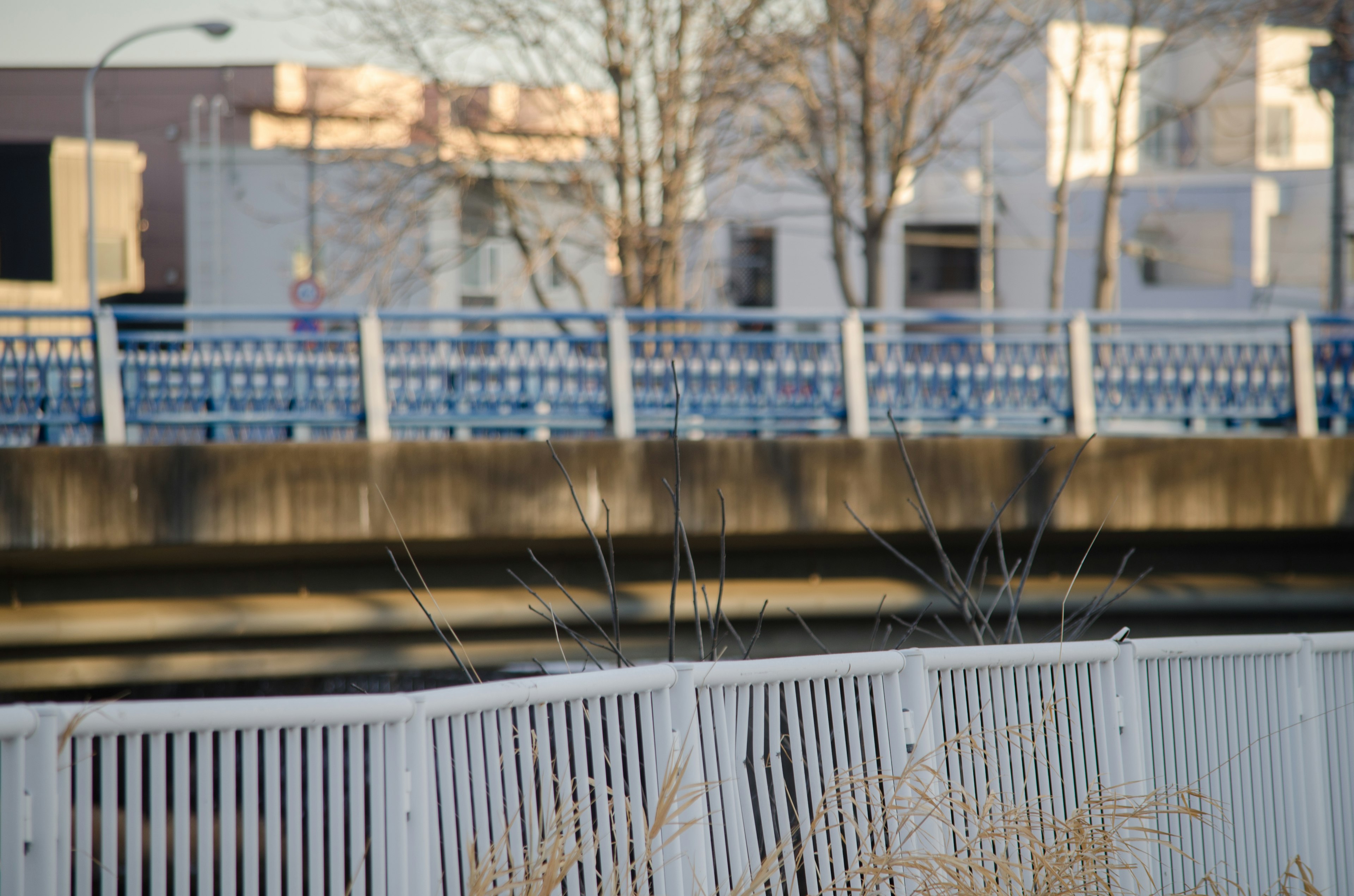 A view of a bridge with a white fence in the foreground