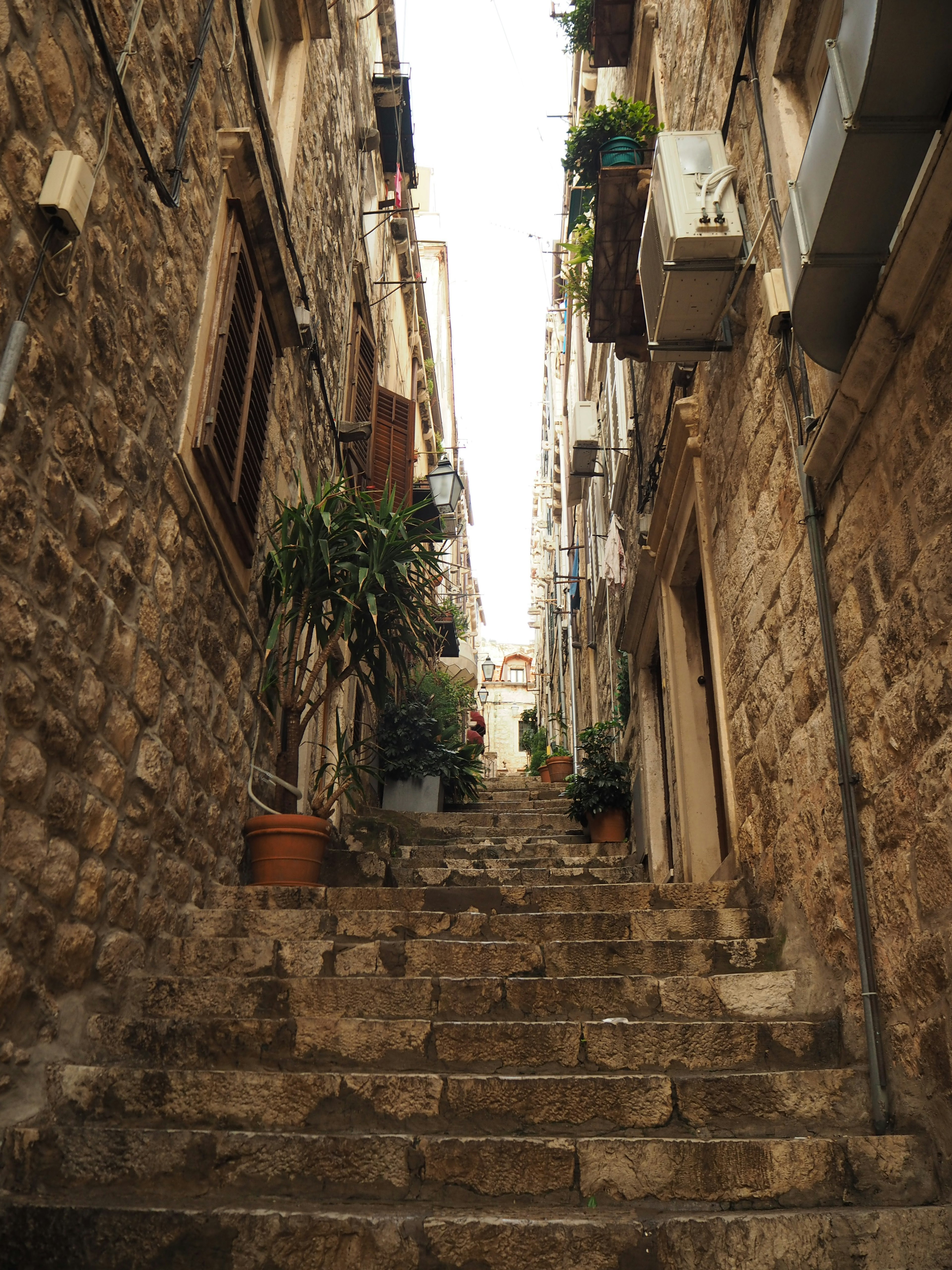 Callejón estrecho con escalones de piedra que suben plantas en macetas a los lados