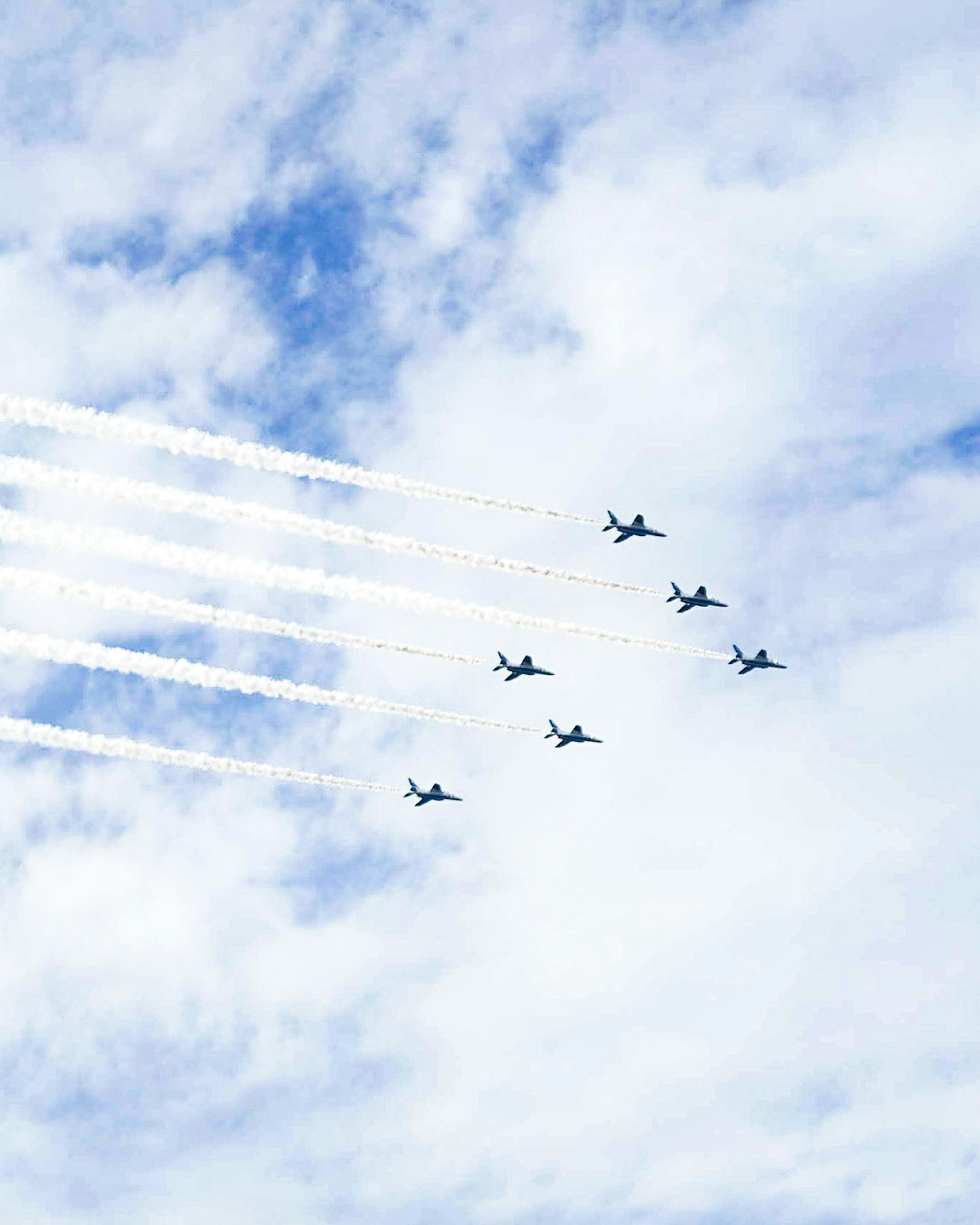 Formación de aviones volando en el cielo azul dejando estelas de humo blanco