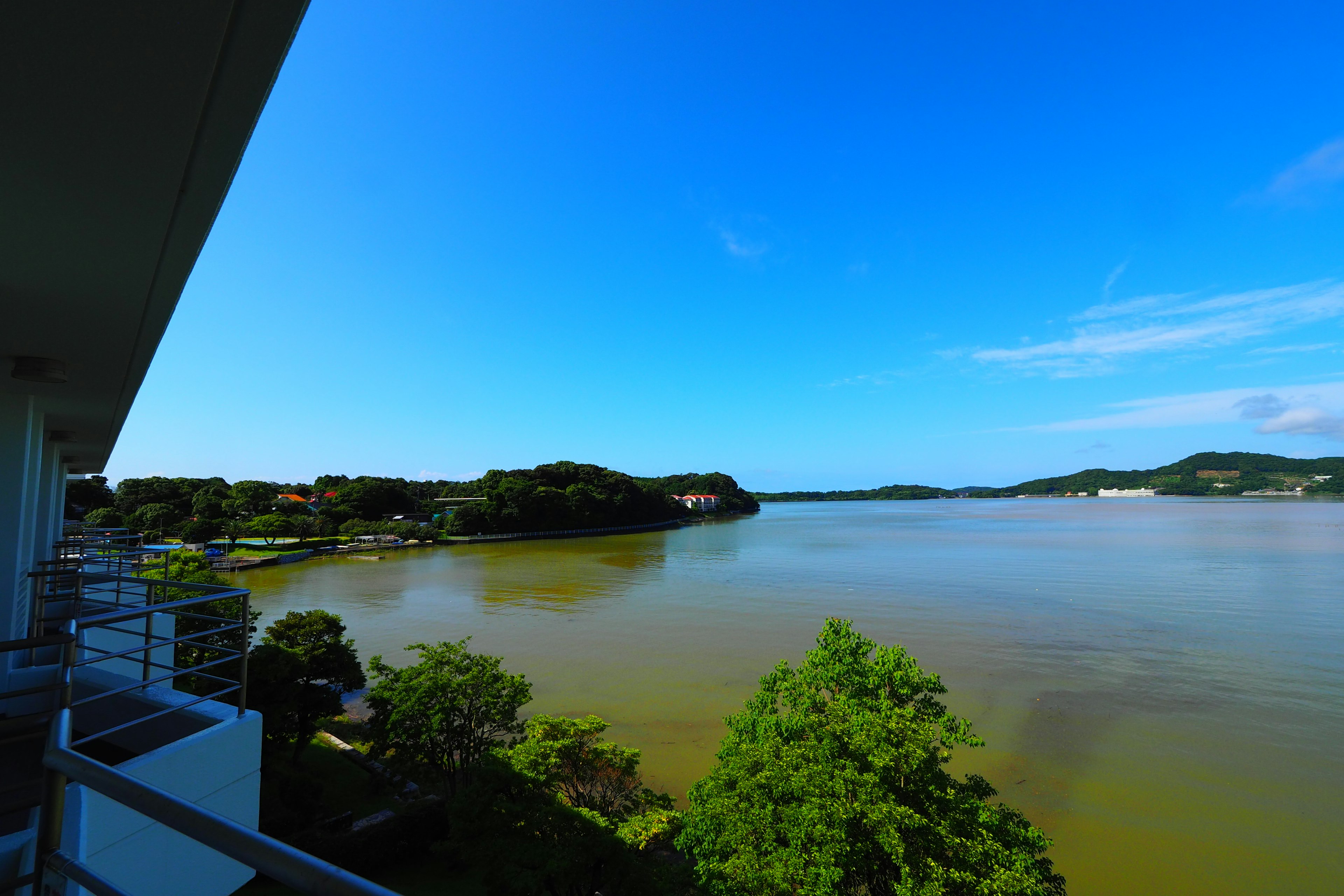 清澈蓝天下的河流风景和绿意盎然