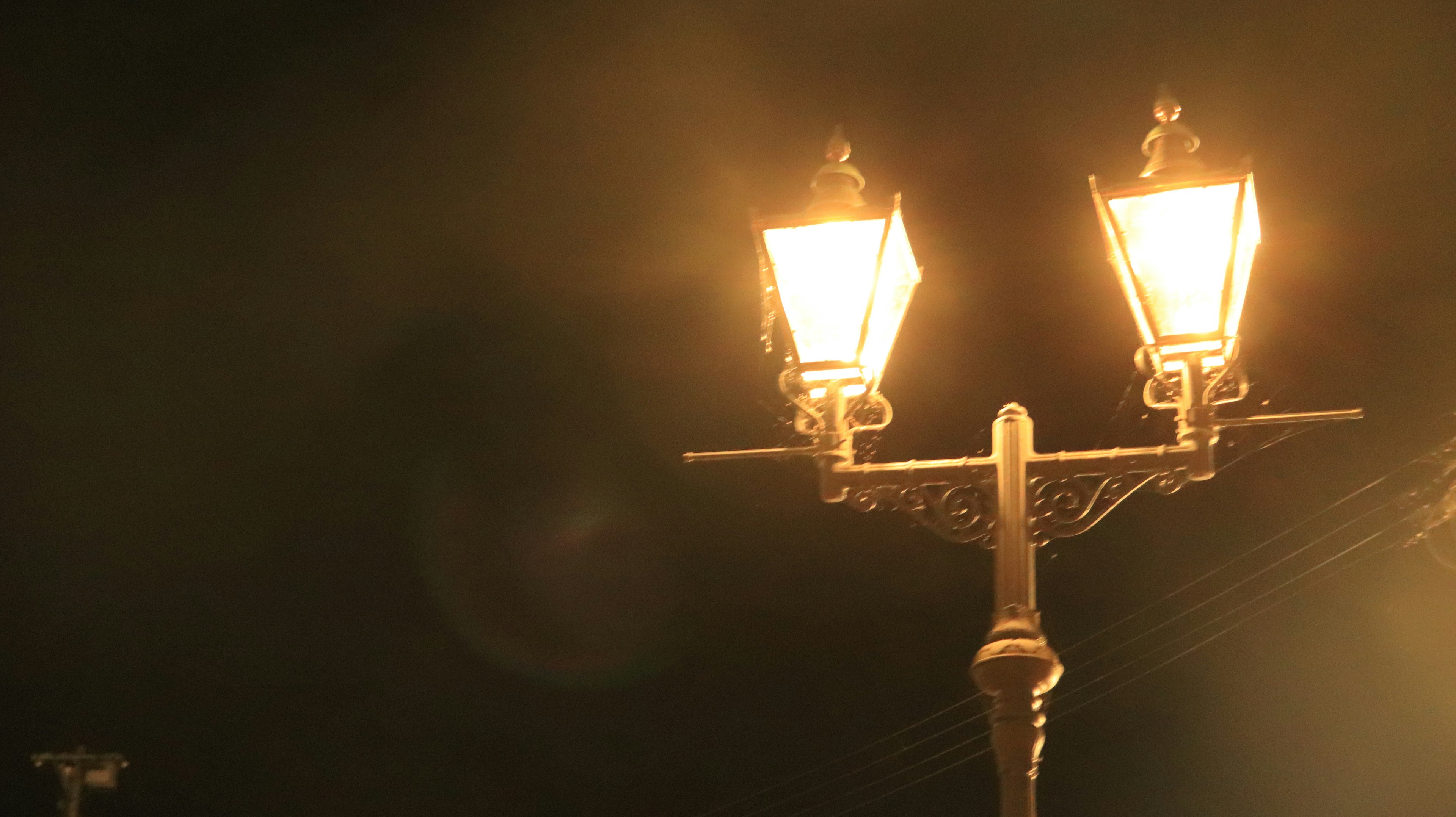 Two street lamps glowing warmly at night