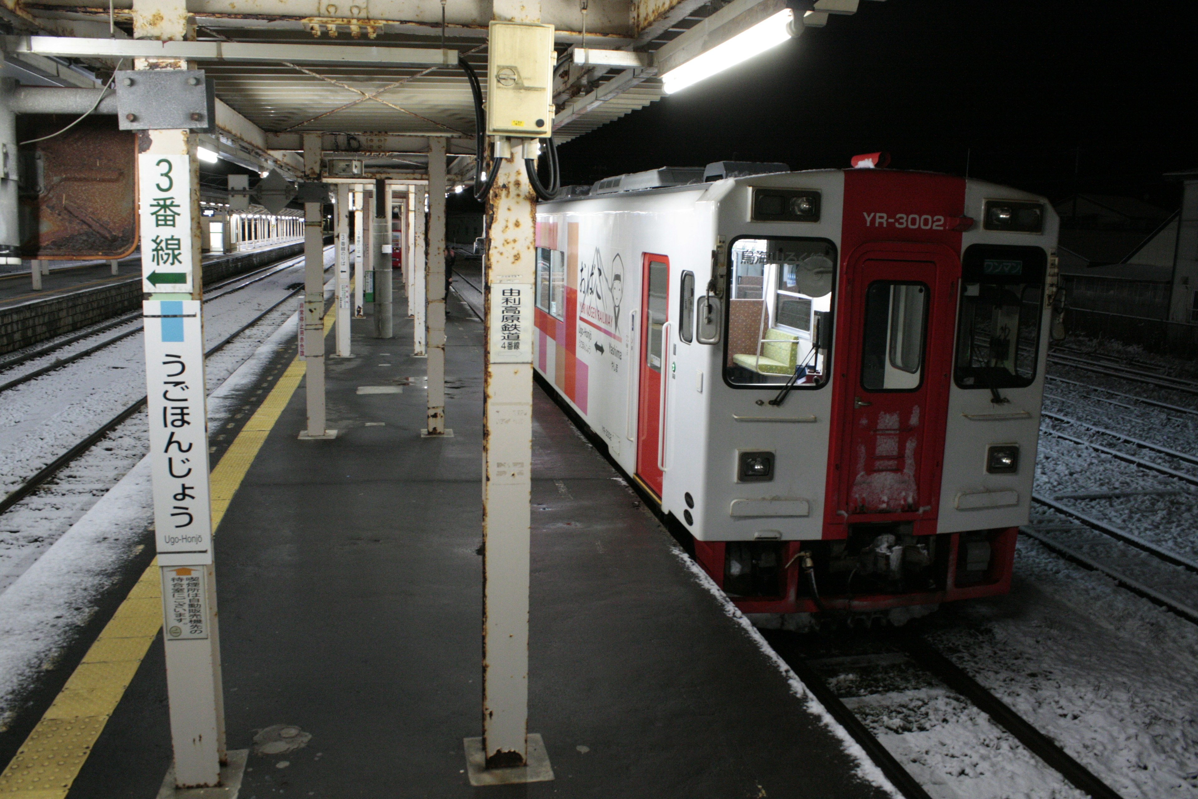 夜の駅に停車中の赤と白の電車