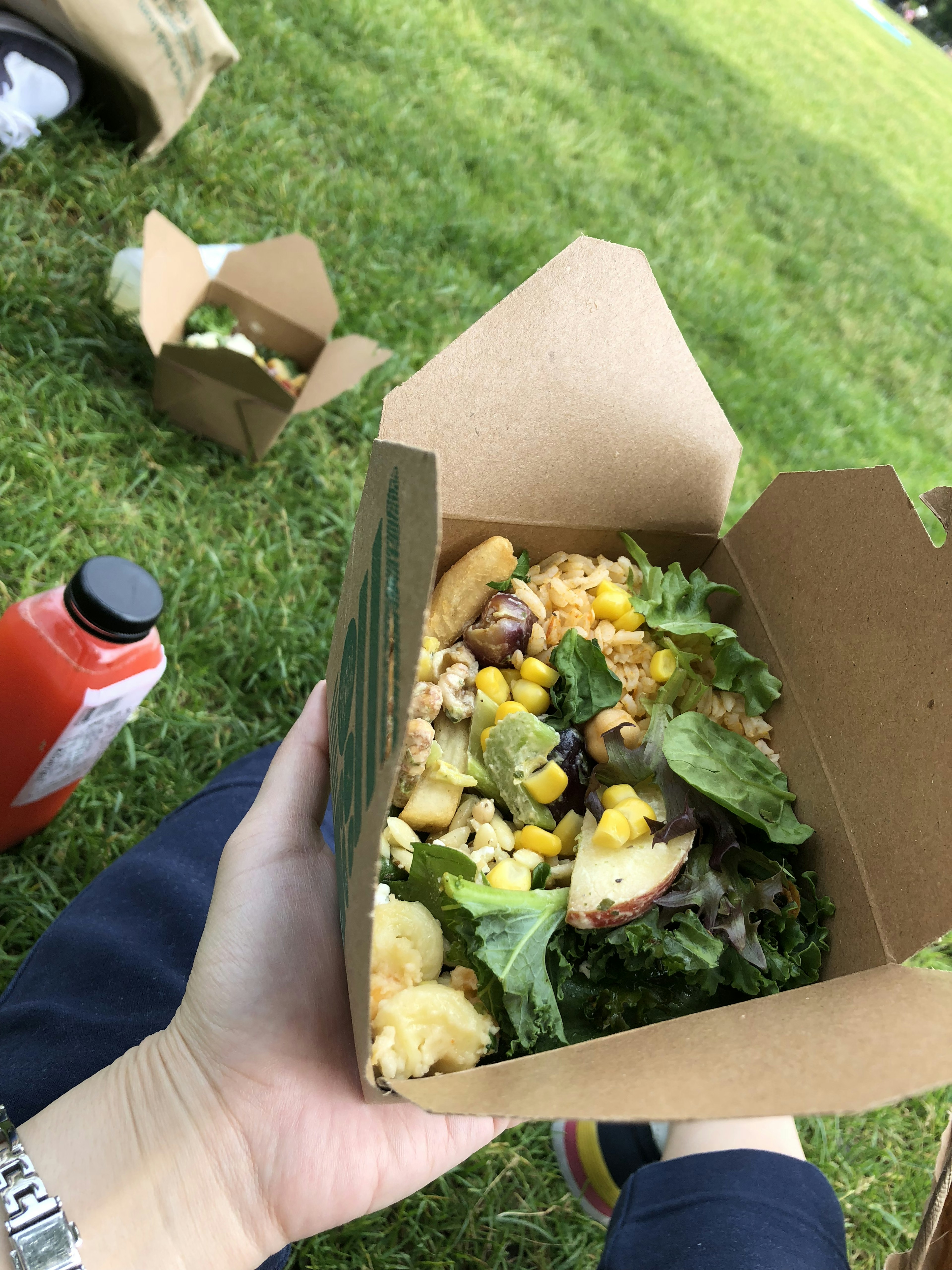 Mano che tiene un'insalatiera con verdure e mais sull'erba con scatole di cibo sullo sfondo