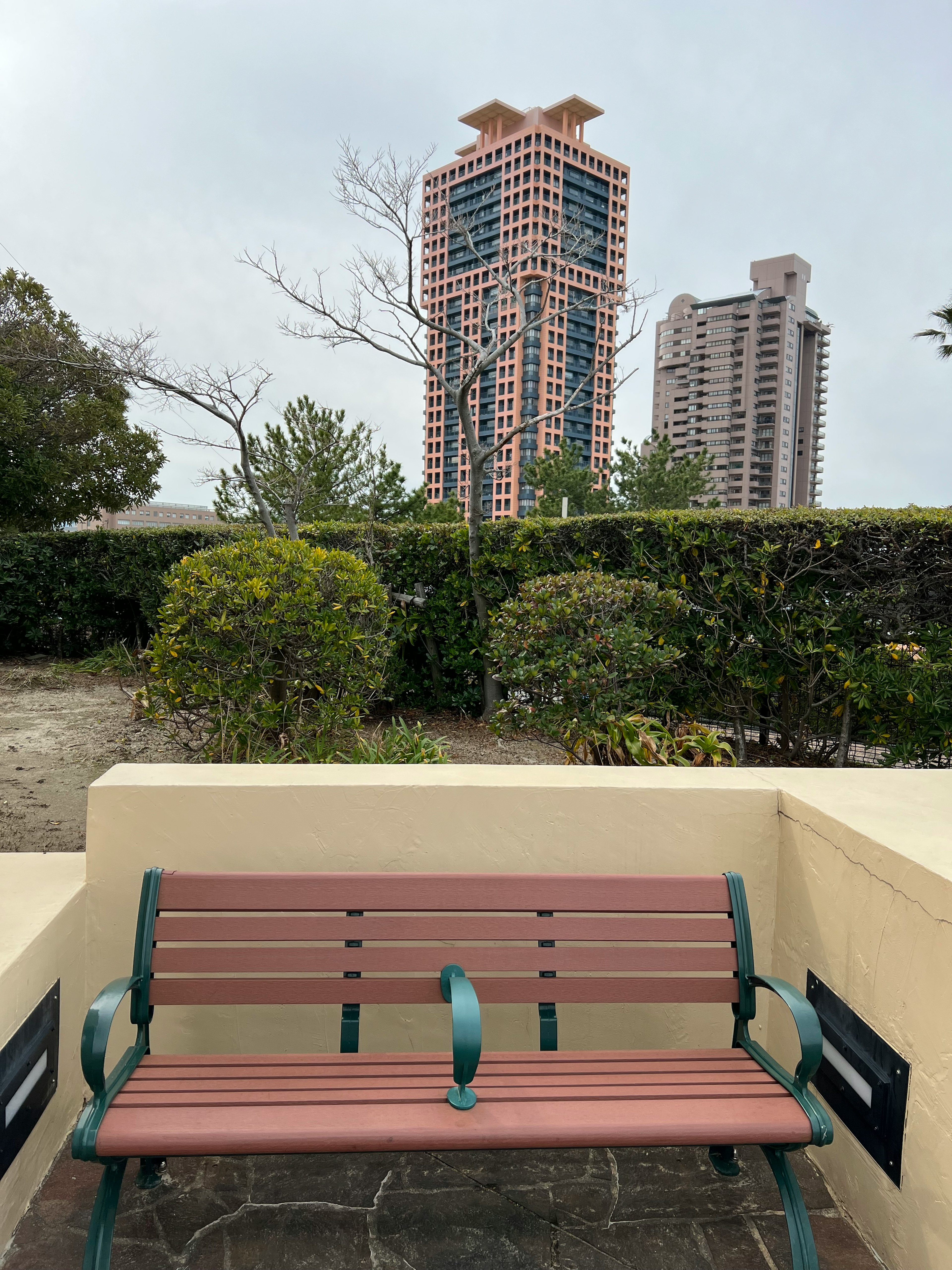 公園のベンチと高層ビルの背景