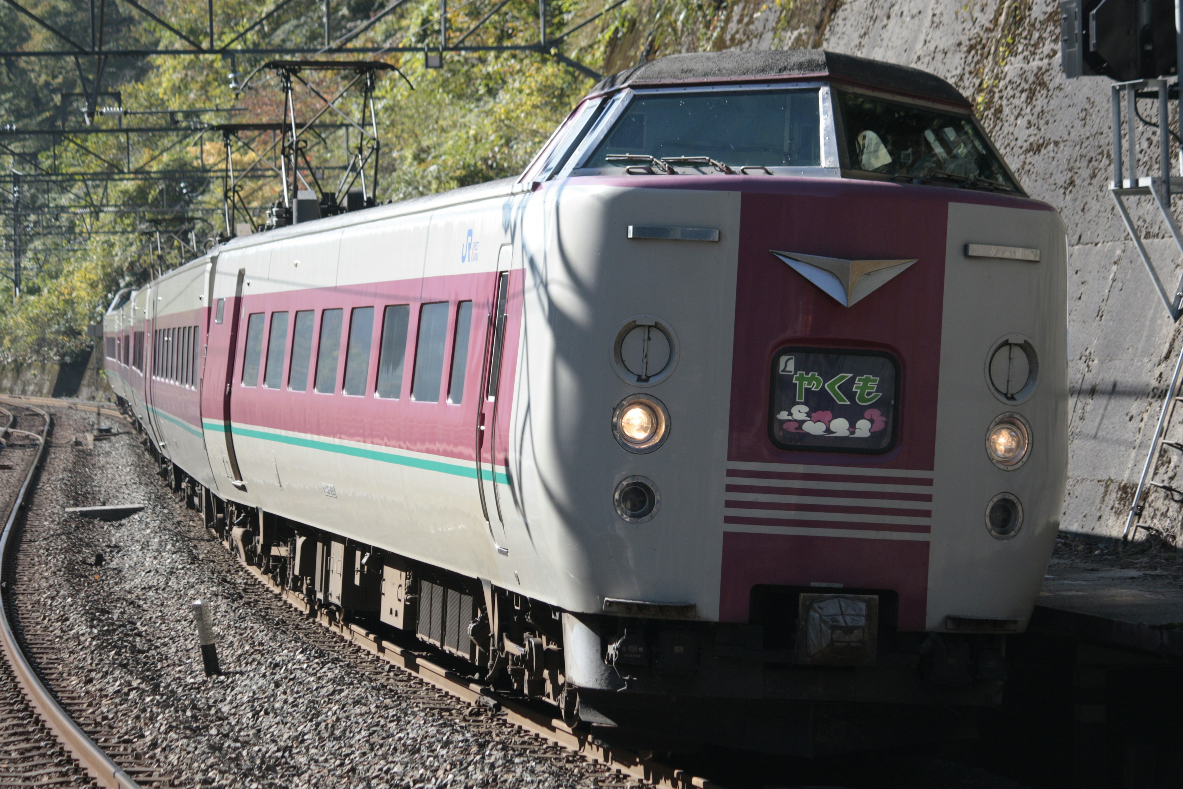 赤と白のデザインの日本の特急列車が曲がりくねった線路を走っている