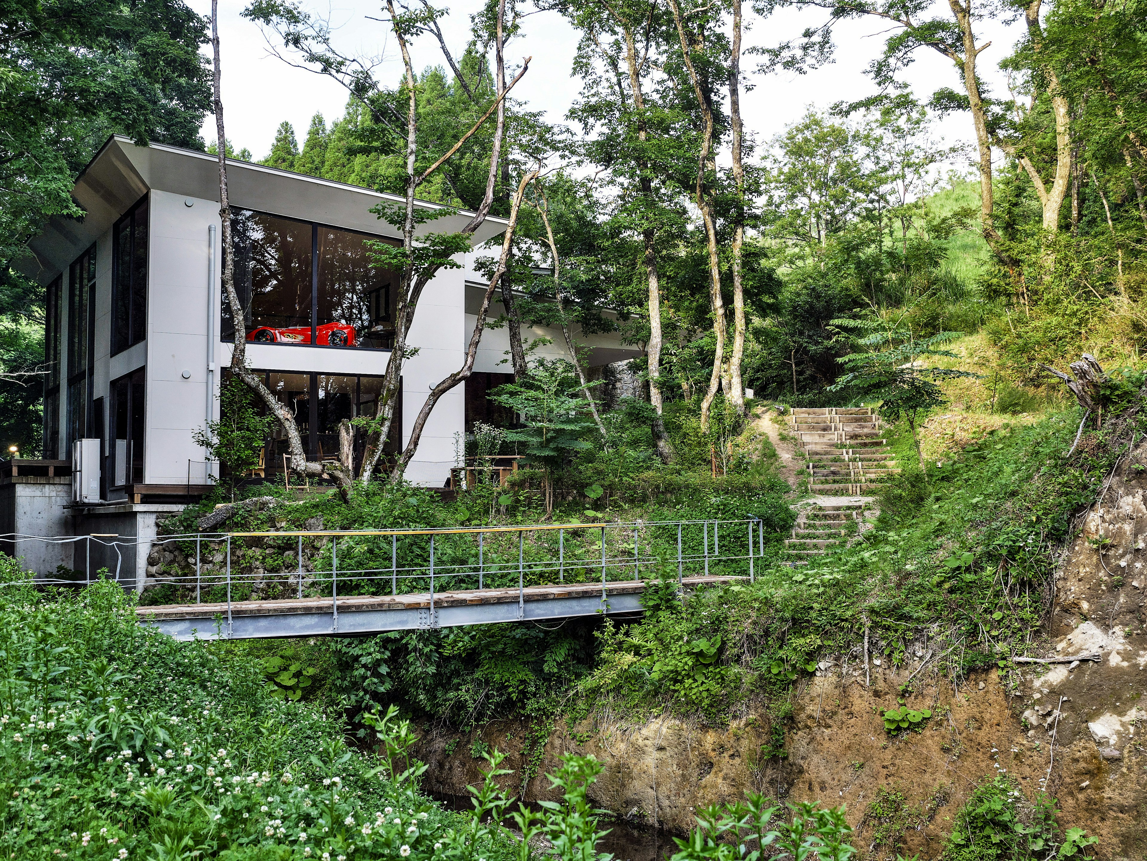 Modern house surrounded by nature with a bridge