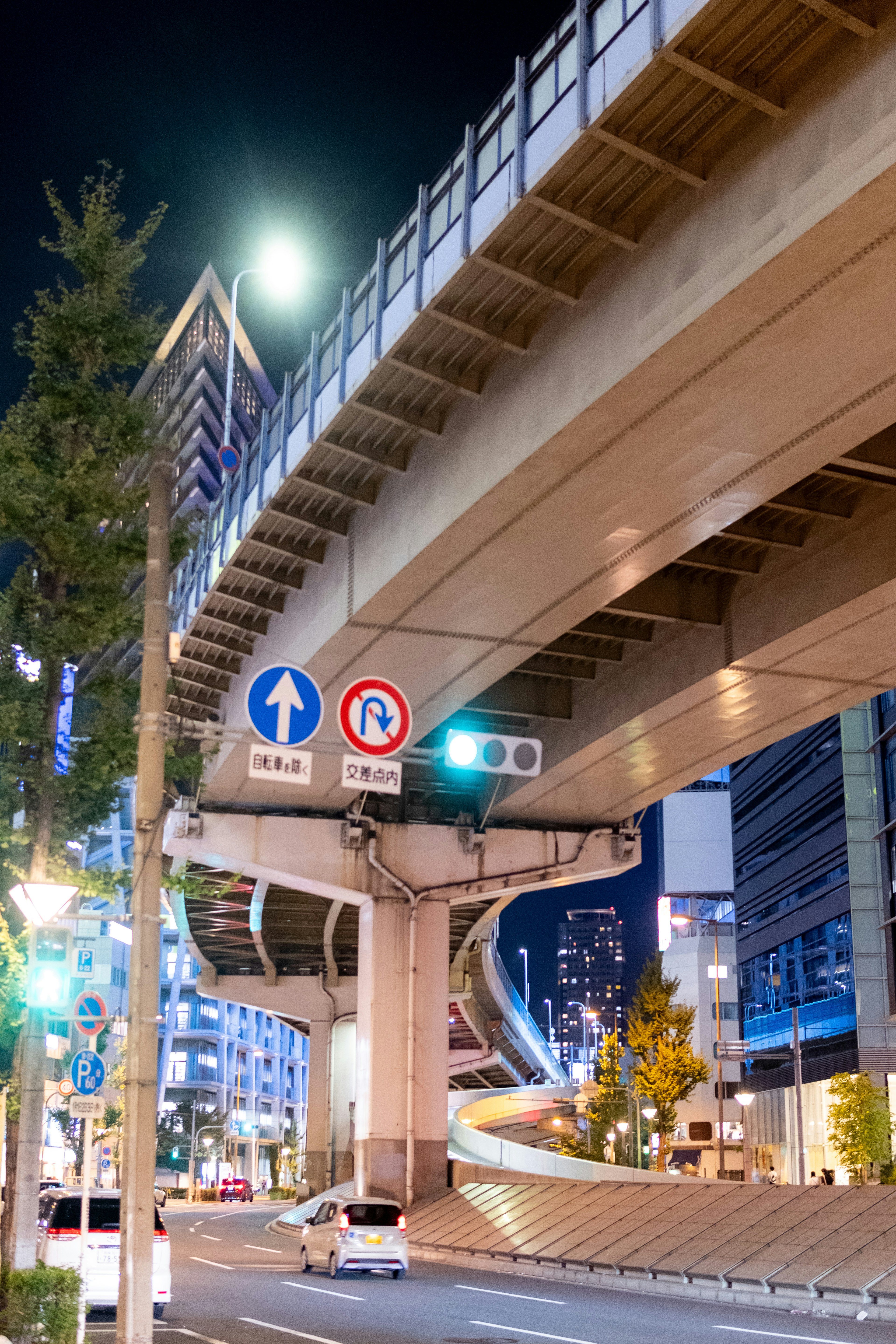 Carretera elevada y señales de tráfico en una ciudad de noche