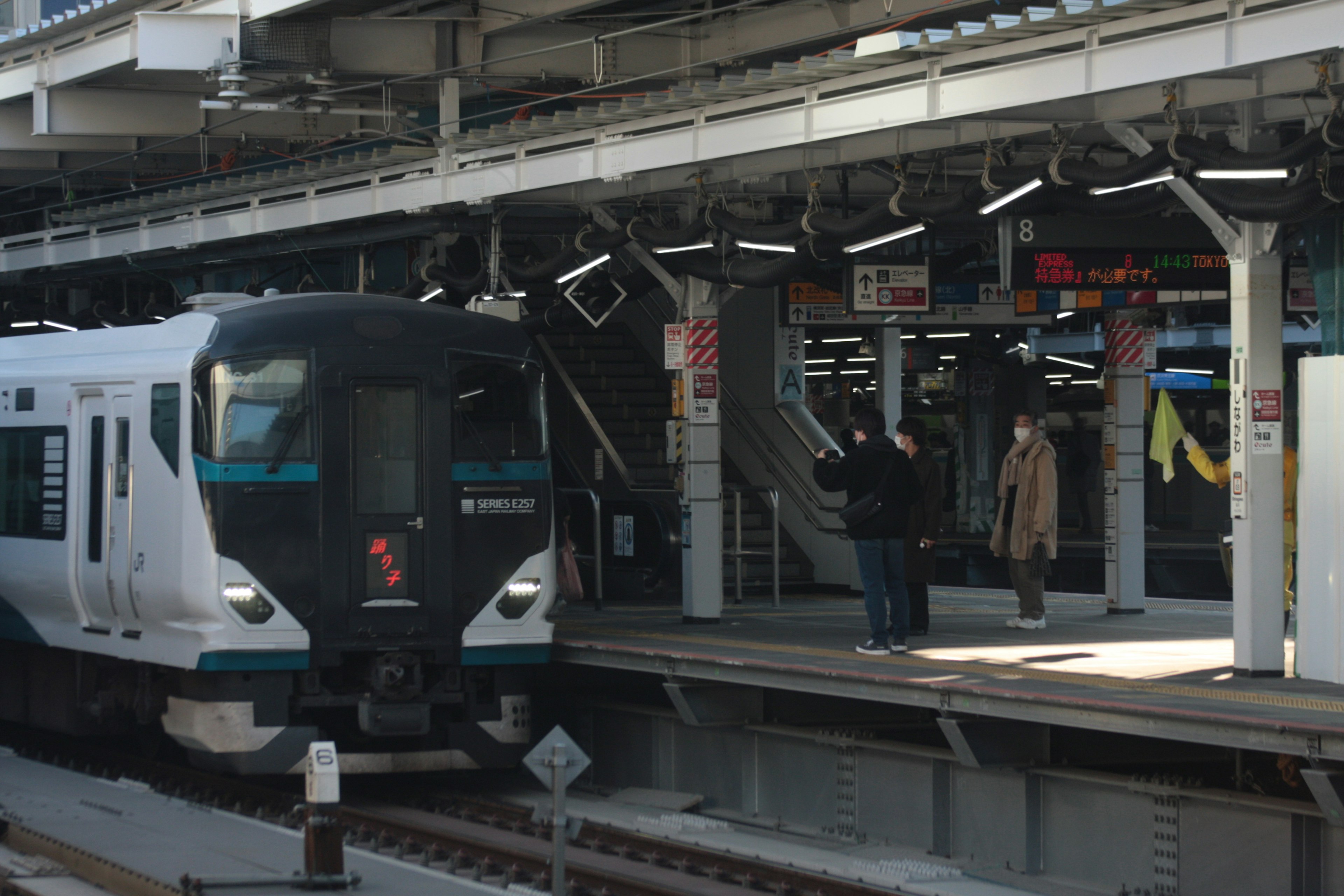 Zug hält an einer Station mit Passagieren