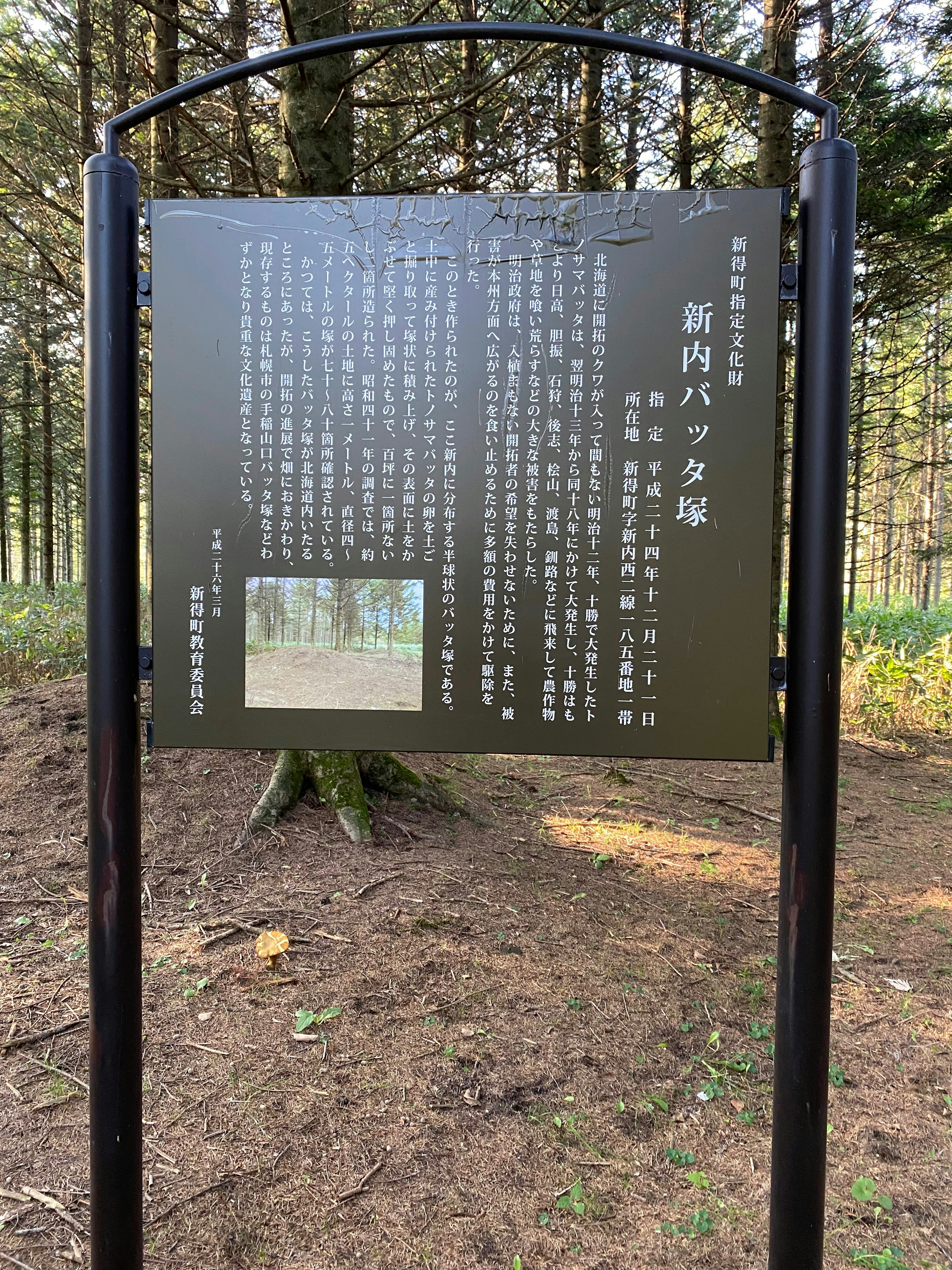 Un panneau d'information se tenant dans une forêt avec du texte et une image