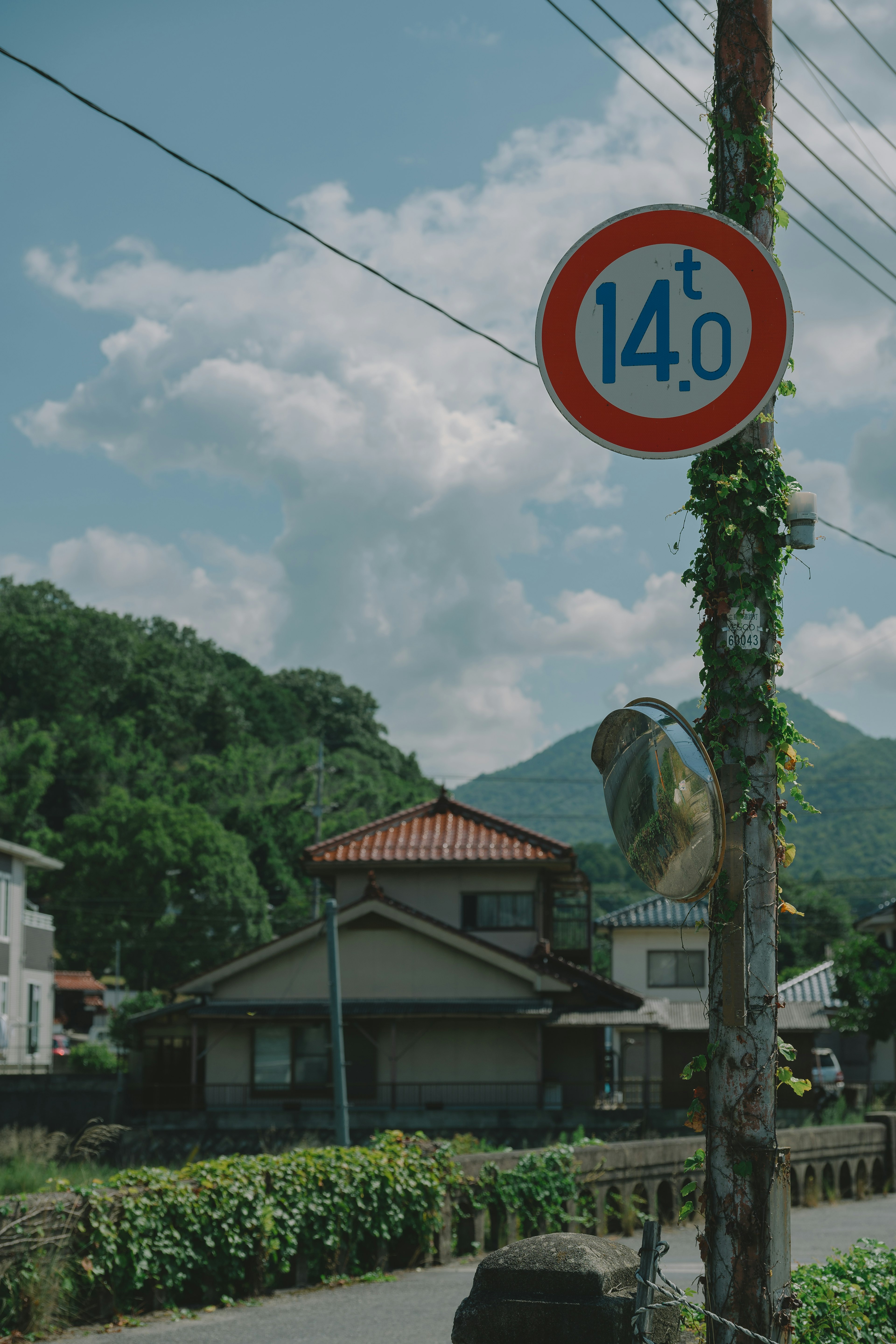 Gewichtsbegrenzungsschild für 14 Tonnen mit grünem Hintergrund von japanischen Häusern